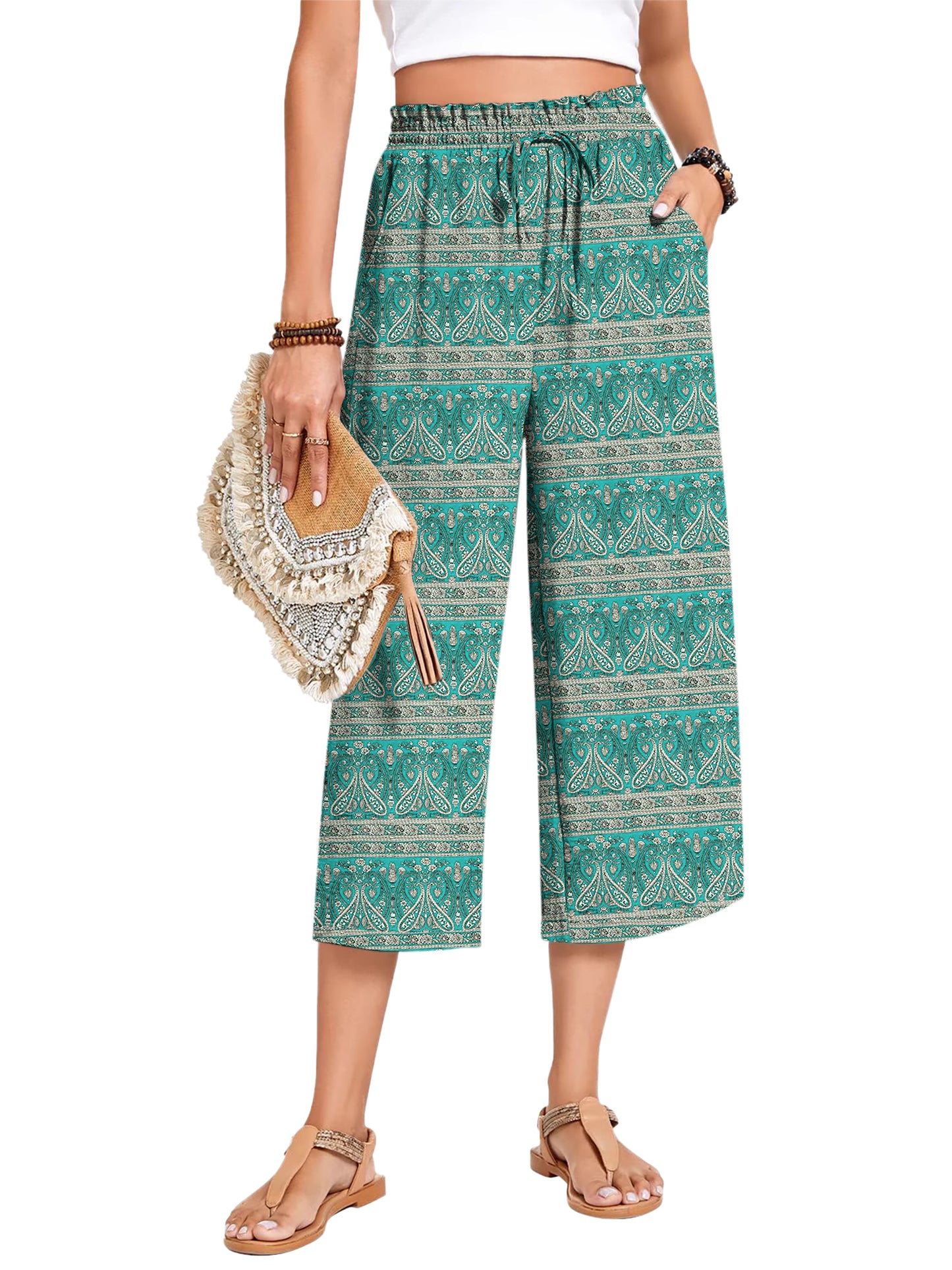 VDJ Women's Cropped Pants Summer Boho Fashion Floral Printed Wide Leg Capri Business Work Pants with Pockets