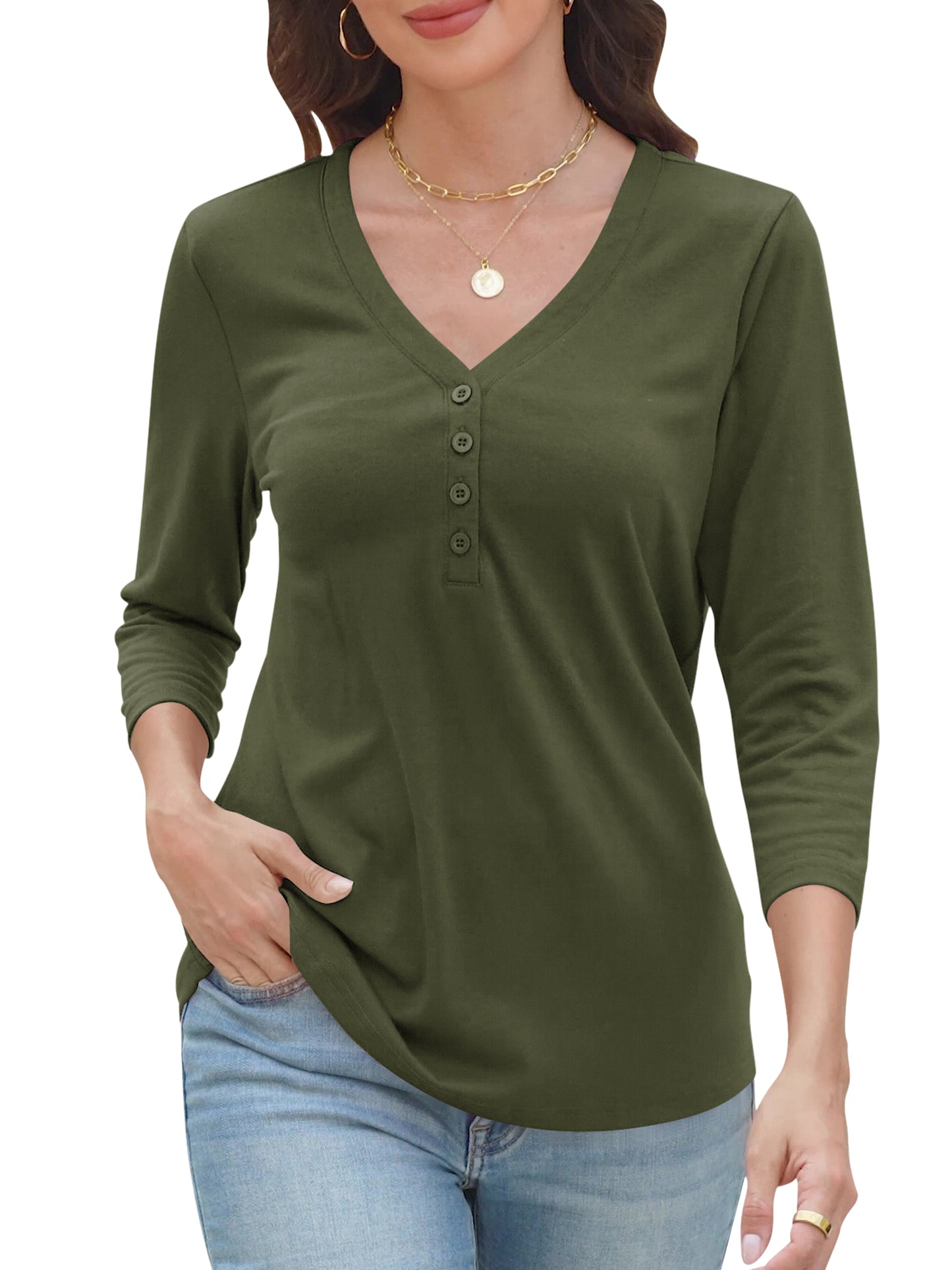 VDJ Women Summer T Shirts Casual Loose 3/4 Sleeve V Neck Tunic Stylish Solid Color Army Green Business Tee Clothes