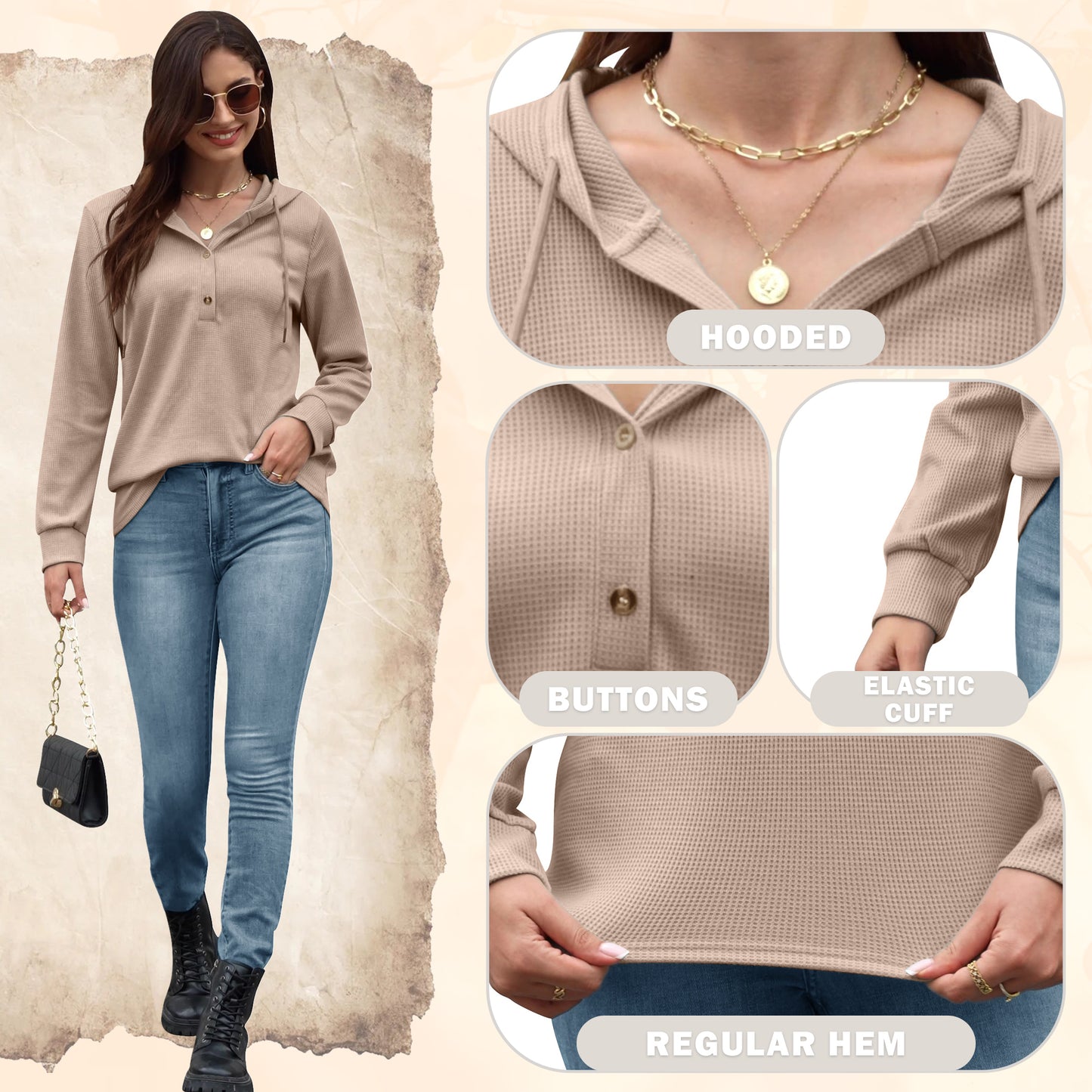 VDJ Womens Fall Tops Hoodies Pullover Casual Long Sleeve Button Hooded Sweatshirts Lightweight Autmun Clothing