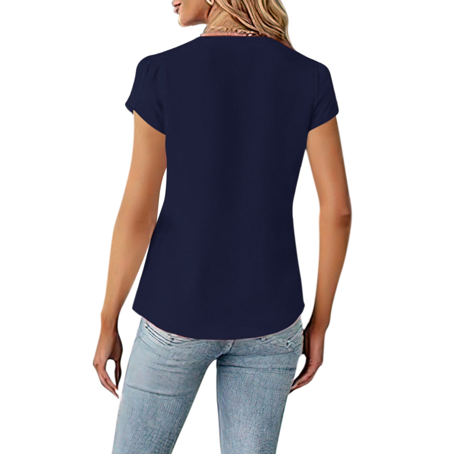VDJ Women Blouses Dressy Causal V Neck Short Petal Sleeve Business Tops Ladies Summer Navy Blue Trendy Shirts