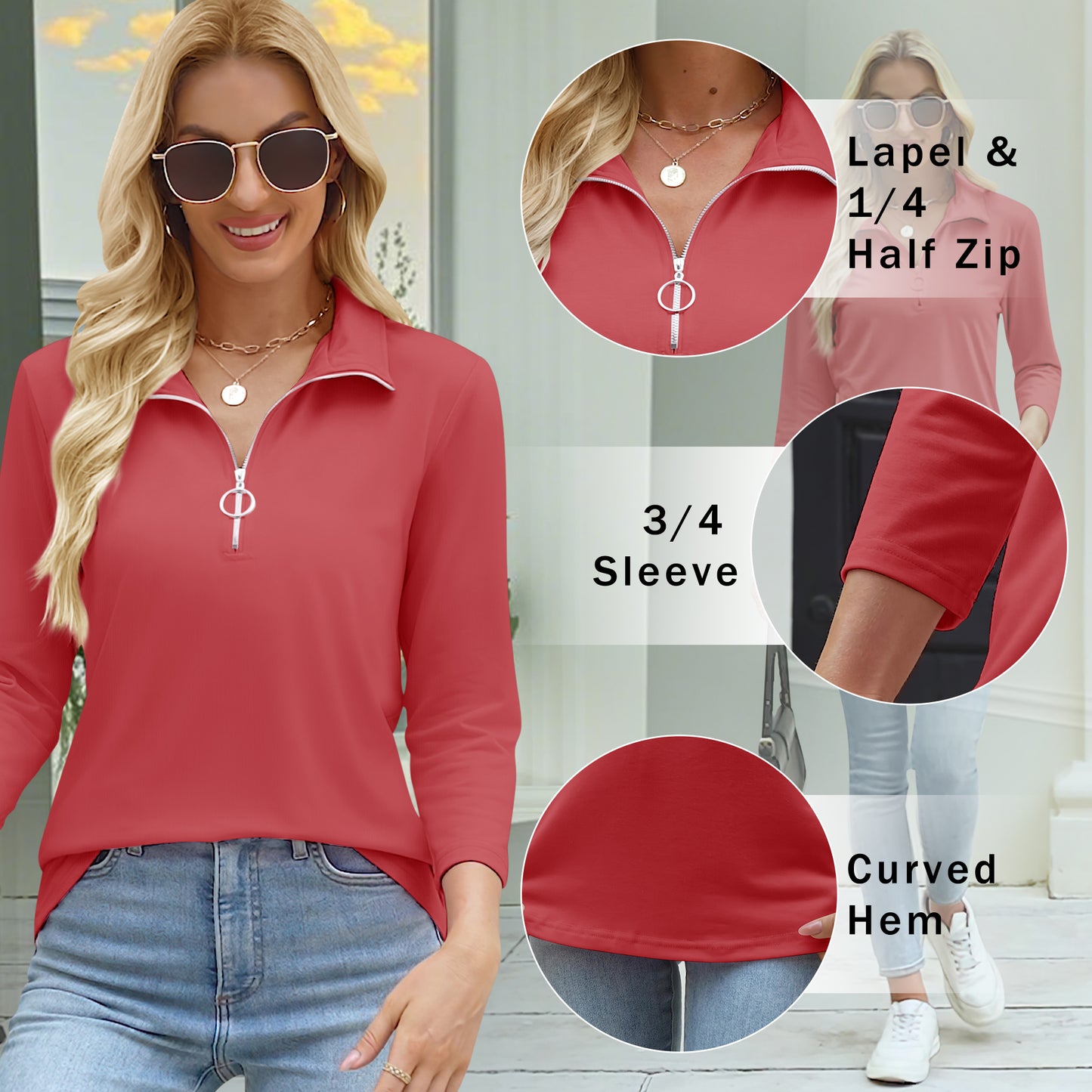 VDJ Women Cute Tops 3/4 Sleeve Half Zipped V Neck Comofortable Soft Lounge Tshirts Chic Peach Pink Tunic