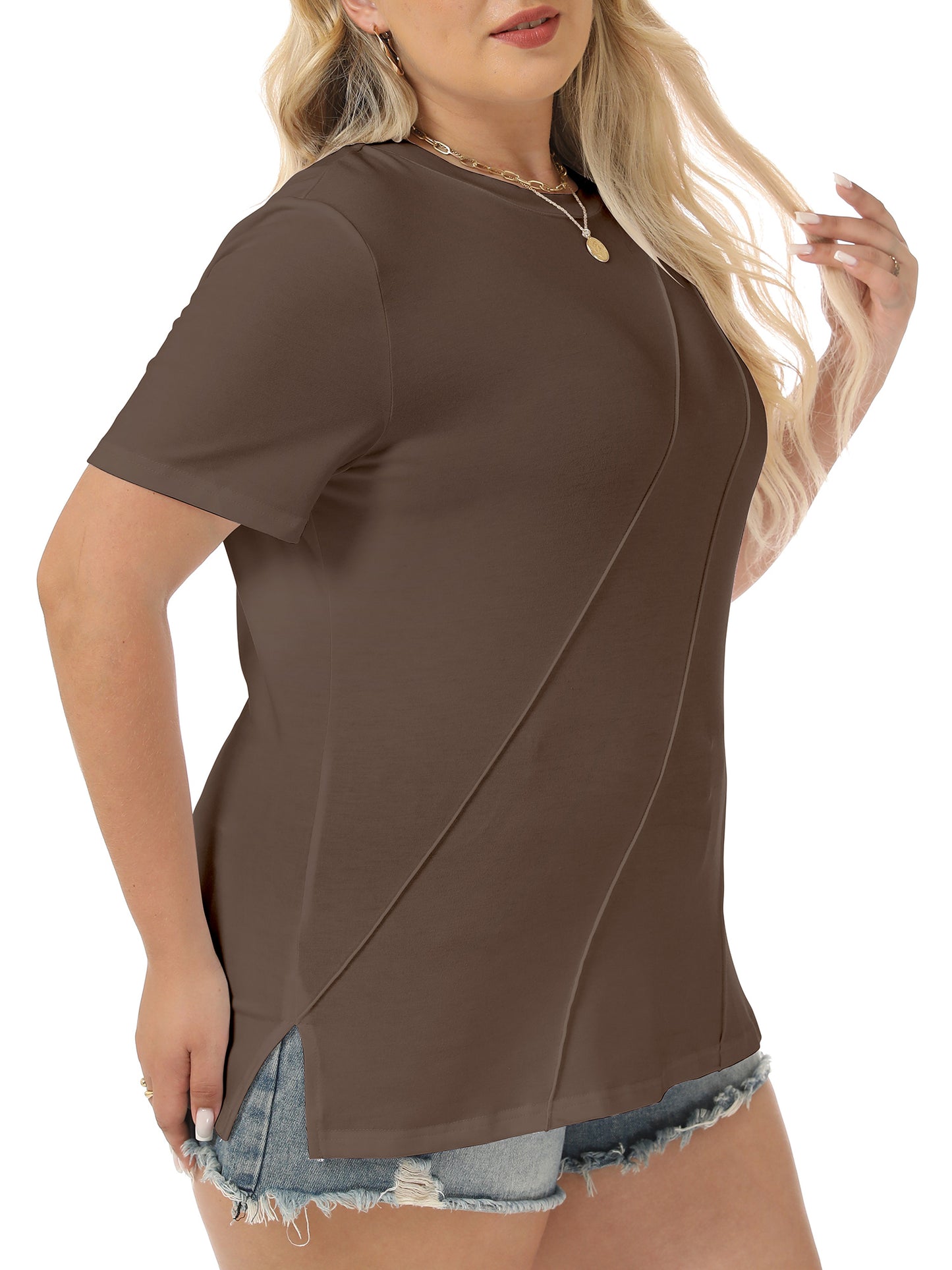 VDJ Summer Tops for Women Casual Loose Crew Neck Plus Size Tshirts Lightweight Soft Lounge Blouse Side Slit Outfits