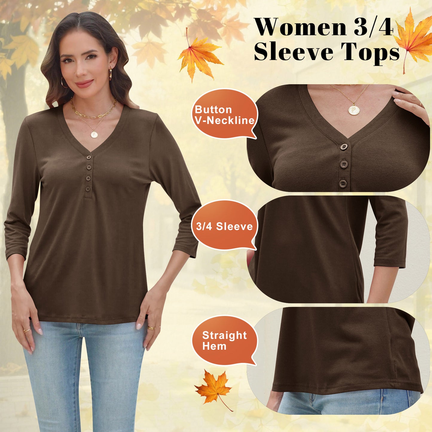 VDJ Women's 2025 Fashion Tops 3/4 Sleeve T-Shirts Cute V Neck Basic Business Tees Coffee Blouses