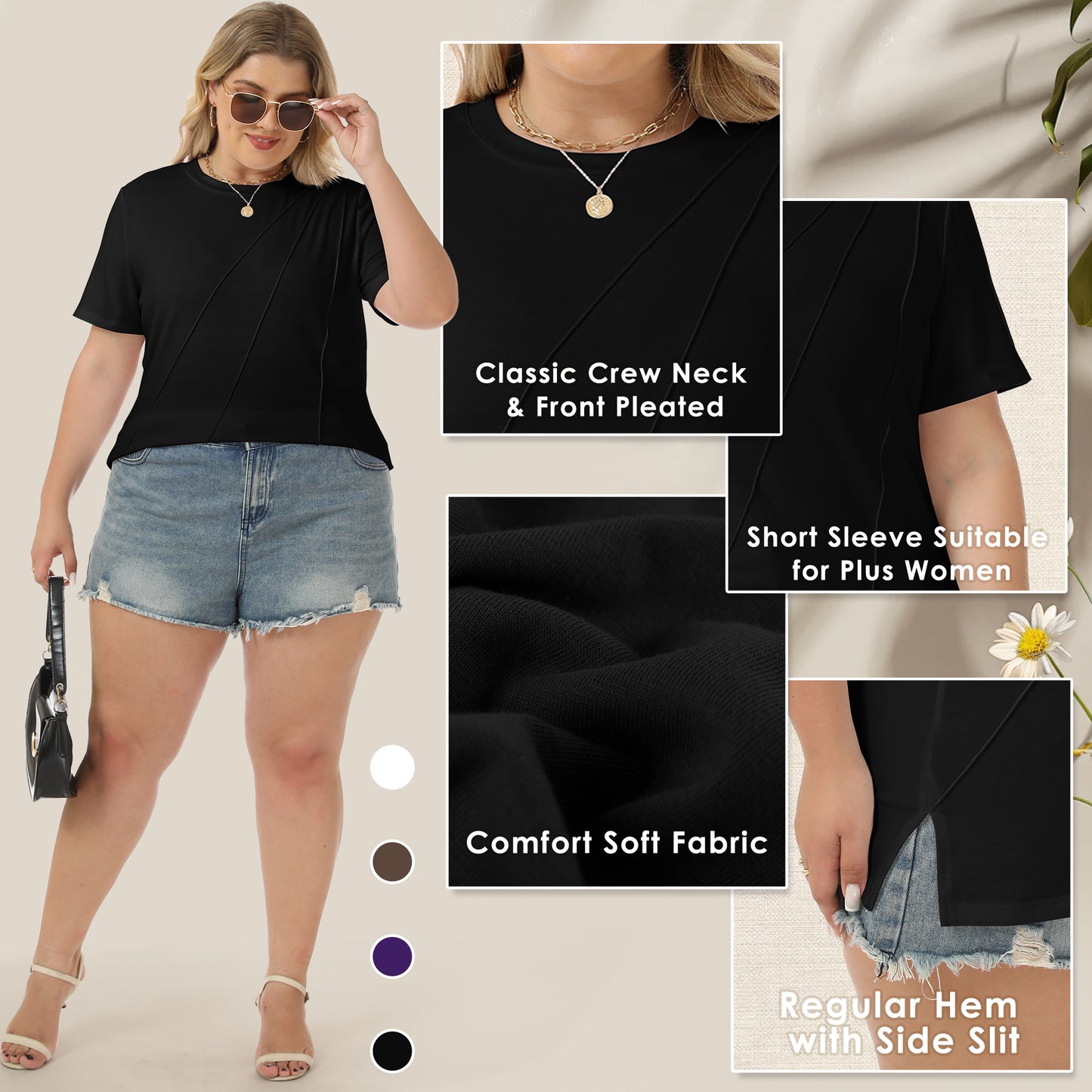VDJ Women Plus Size Tops Casual Loose Pleated Solid Blouses Oversized Short Sleeve Round Neck Basic Black Tee