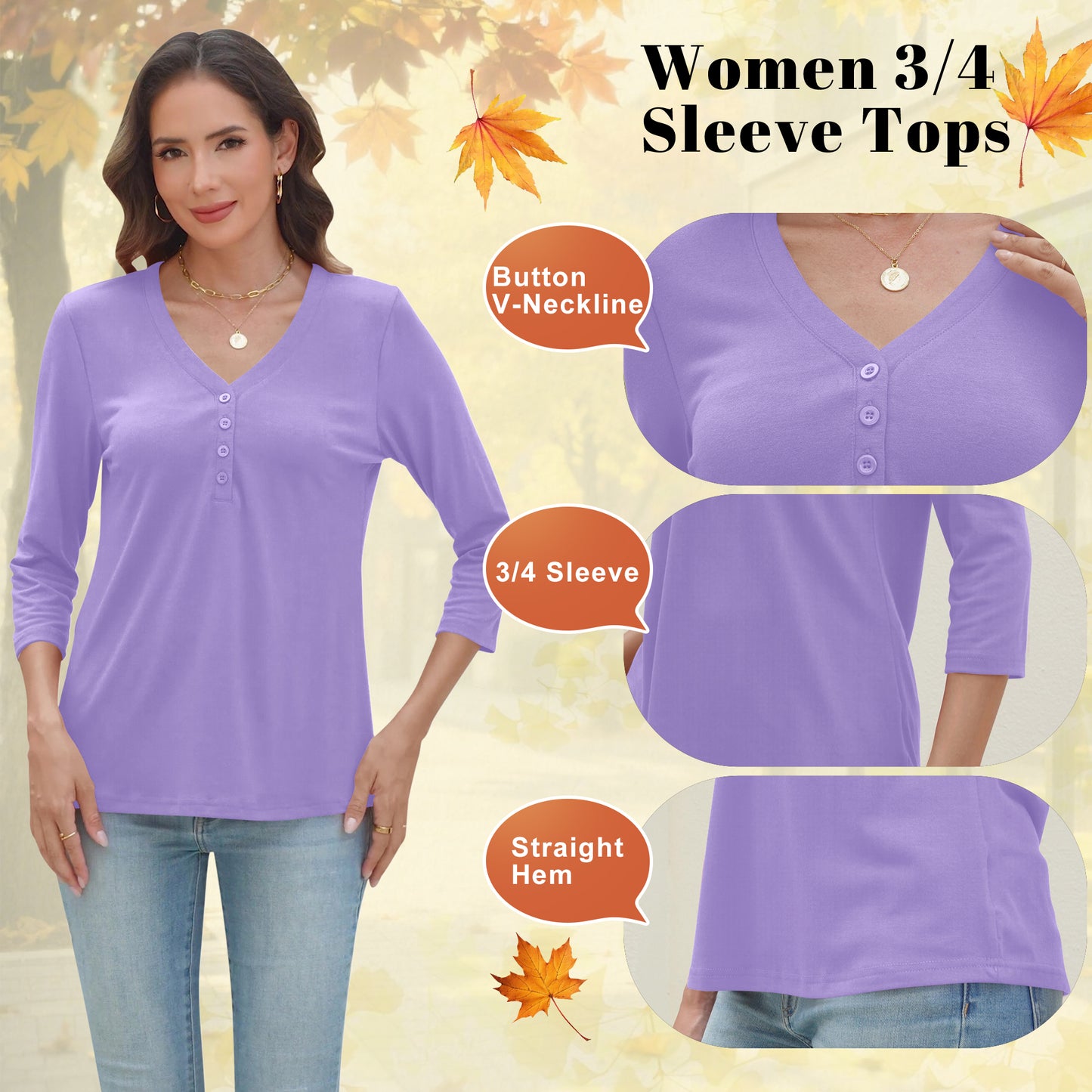 VDJ Womens Blouses Summer 3/4 Sleeve Basic T Shirts Button Up V Neck Comfort Soft Shirts Purple Tunic Tops