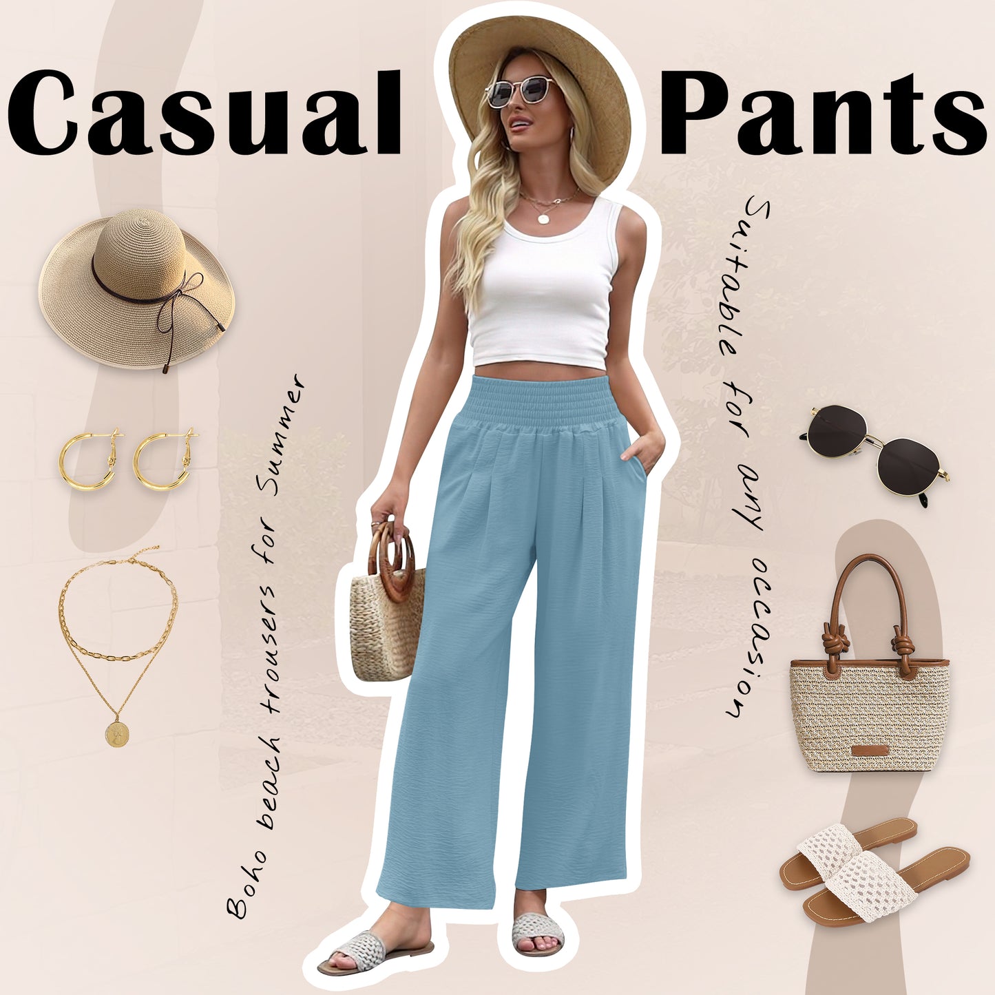 VDJ Womens Pants Summer Boho Elastic Wide Waistband Fashion Wide leg Beach Pants Sky Blue Ladies Trouser