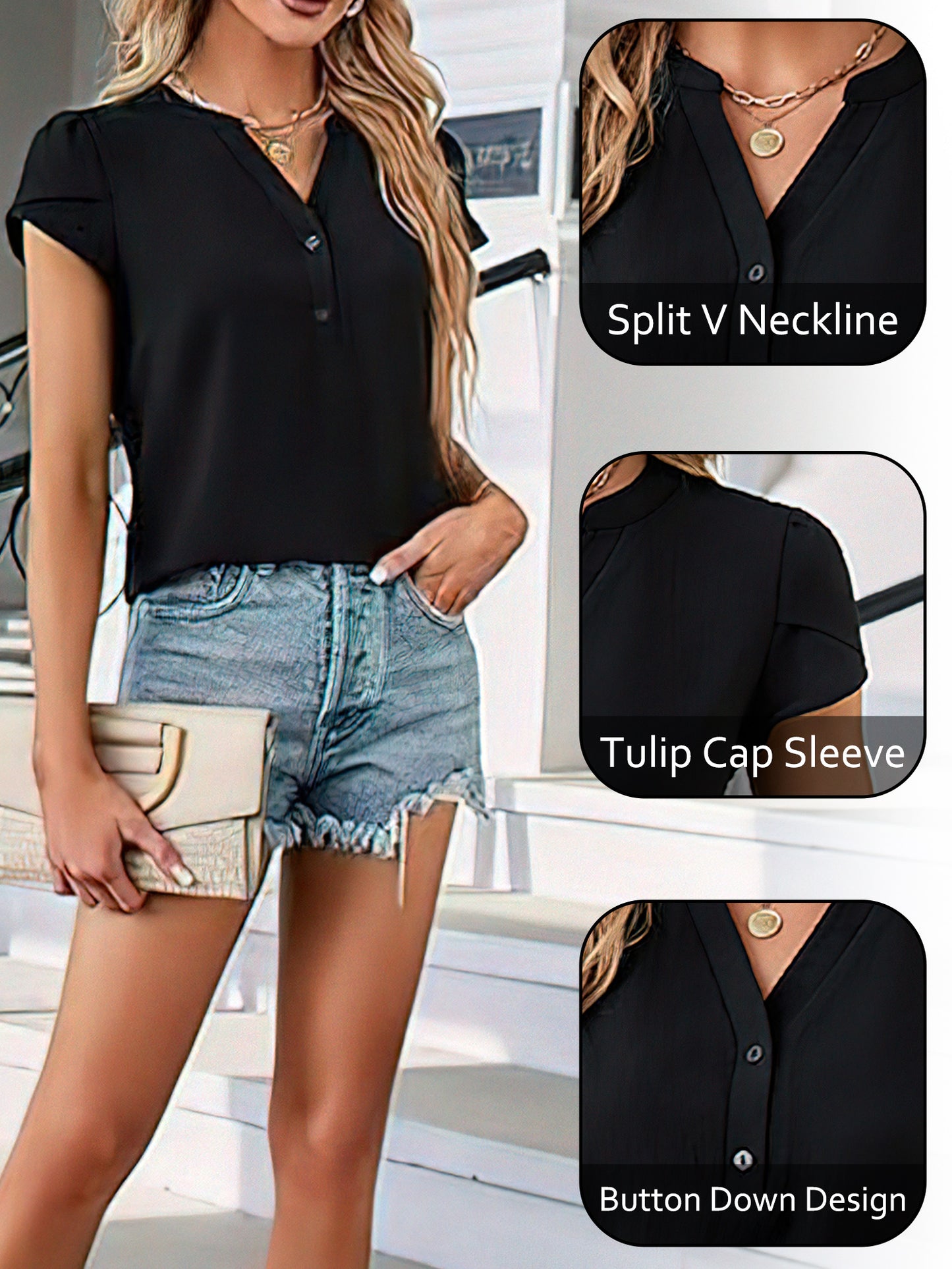 VDJ Summer Tops for Women Business Casual Tops Summer Holiday Trendy Short Sleeve Shirts Button Up Black Blouse for Lady