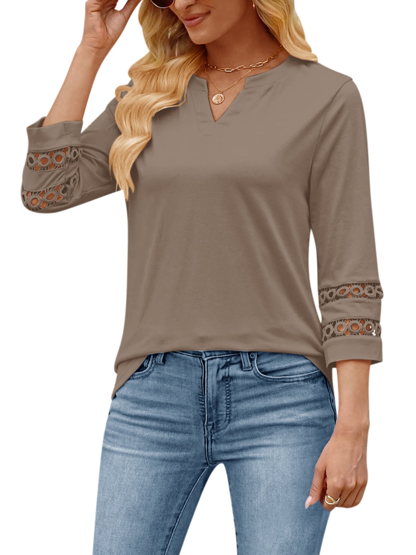 VDJ Women 3/4 Sleeve Tops Summer Holiday Fashion V Neck T Shirts Comfort Lightweight Blouse Black Tunic Tee