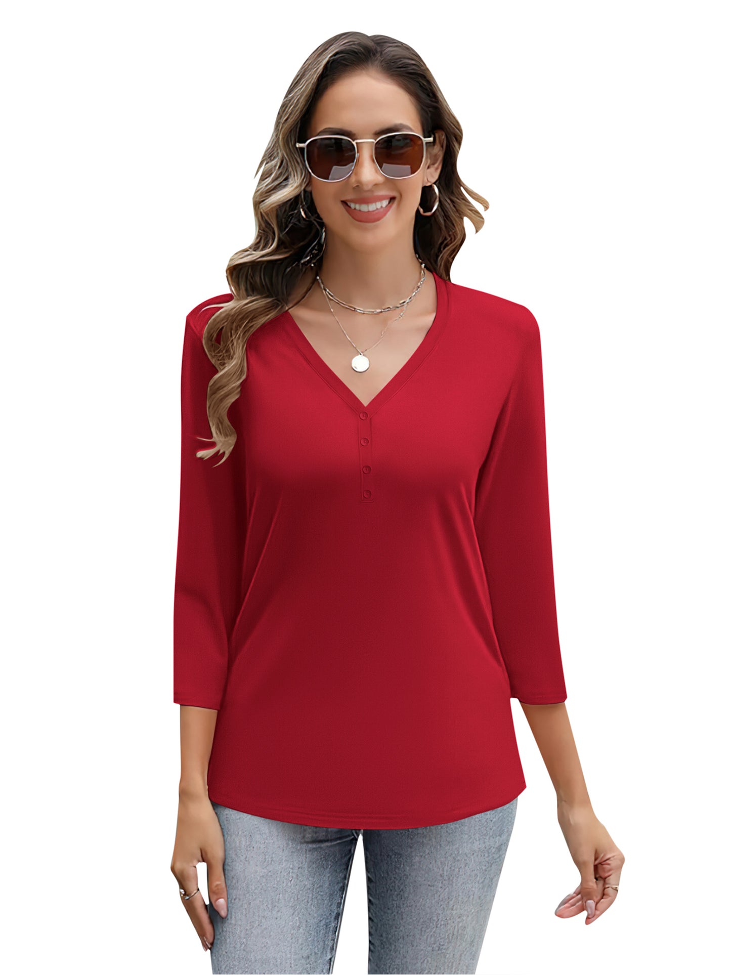 VDJ Women Blouses 3/4 Sleeve Sleeve Button V Neck Tshirts Cozy Soft Lounge Red Tee Tops Clothing