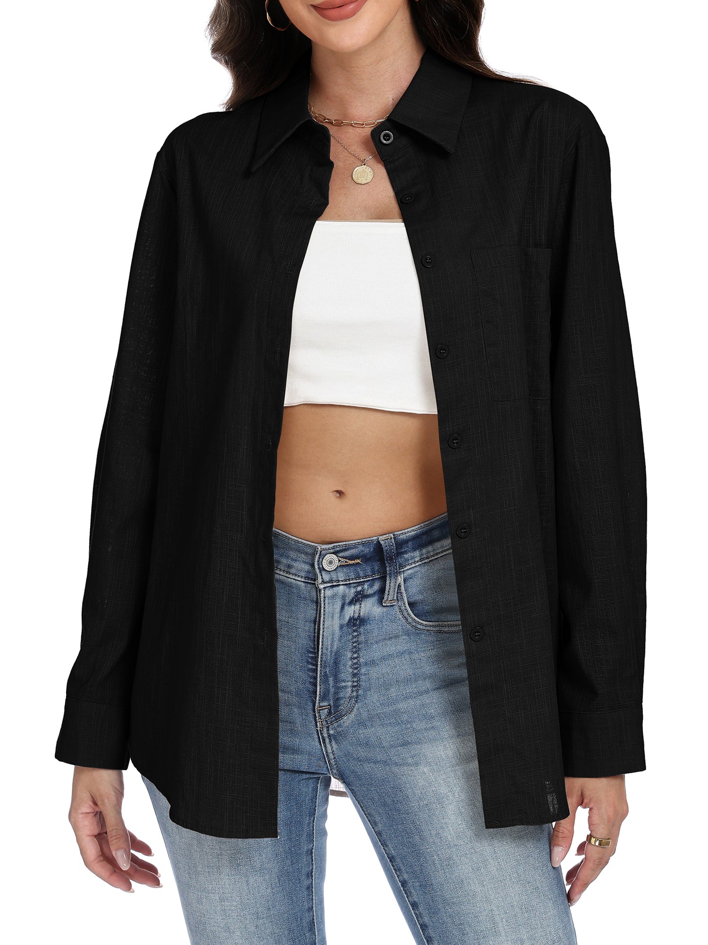 VDJ Button Down Shirts for Women Dressy Casual Solid Color Long Sleeve Collared Blouse Office Work Tops with Pockets