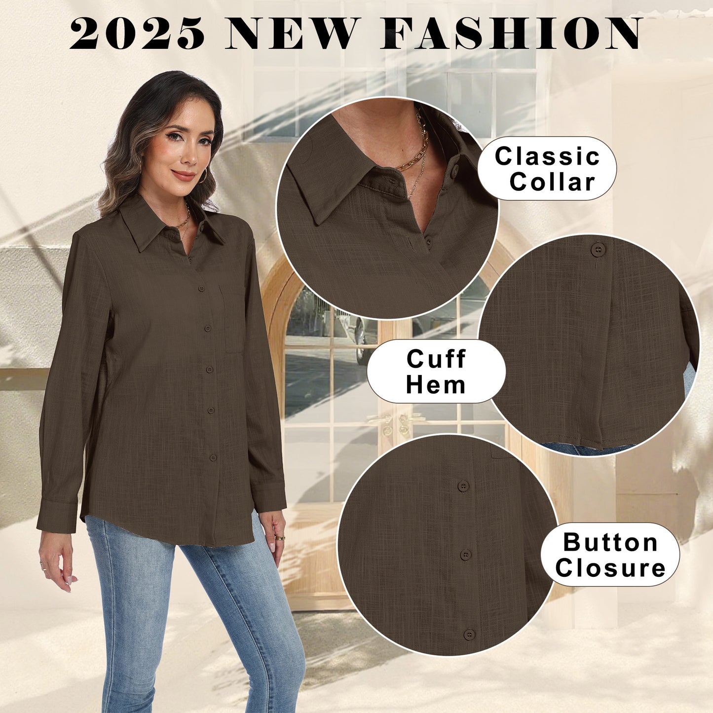 VDJ Button Down Shirts for Women Dressy Casual Solid Color Long Sleeve Collared Blouse Office Work Tops with Pockets