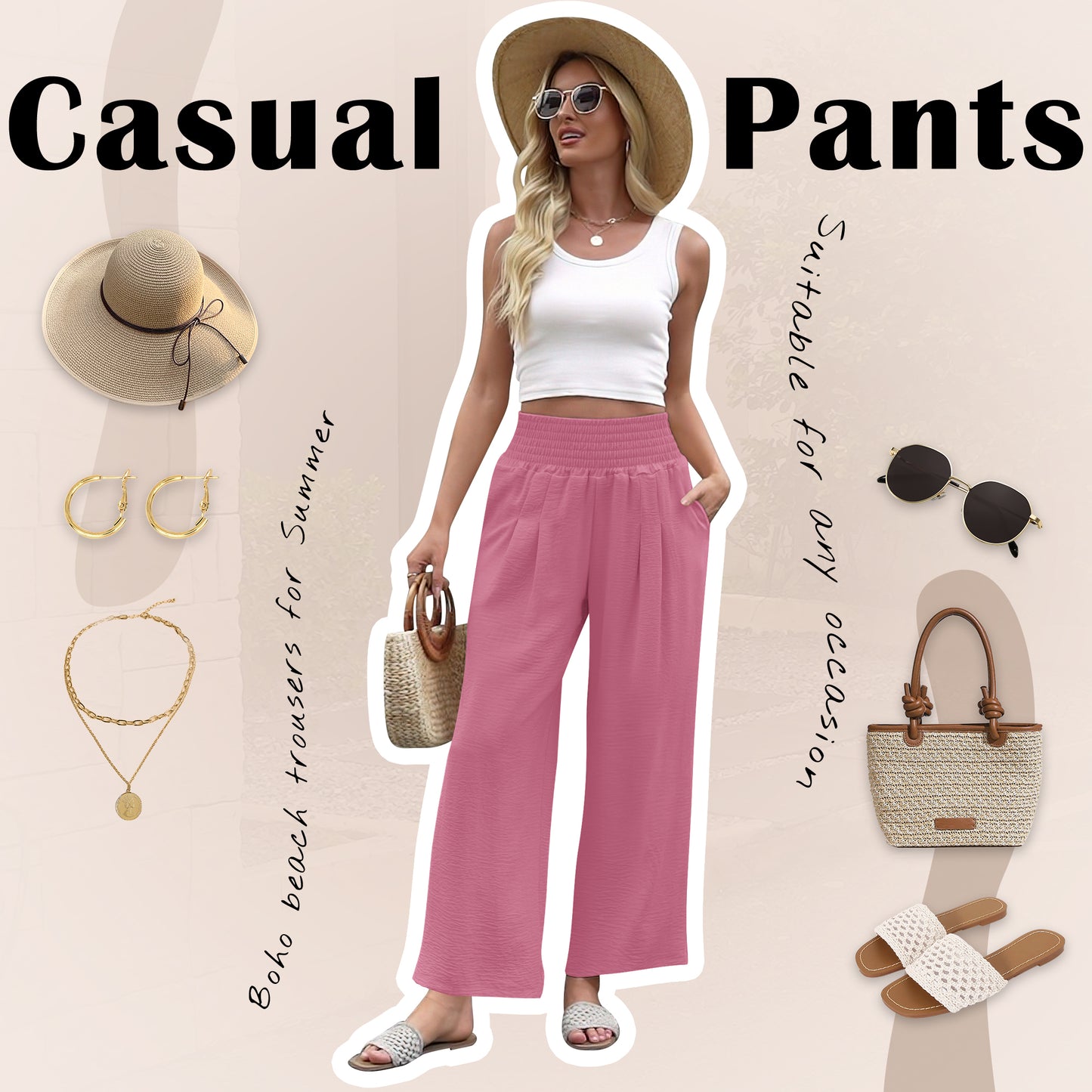 VDJ Summer Pants for Women Wide Leg Dress Pants Elastic Waist Palazzo Pants Dusty Pink Trousers with Pocket