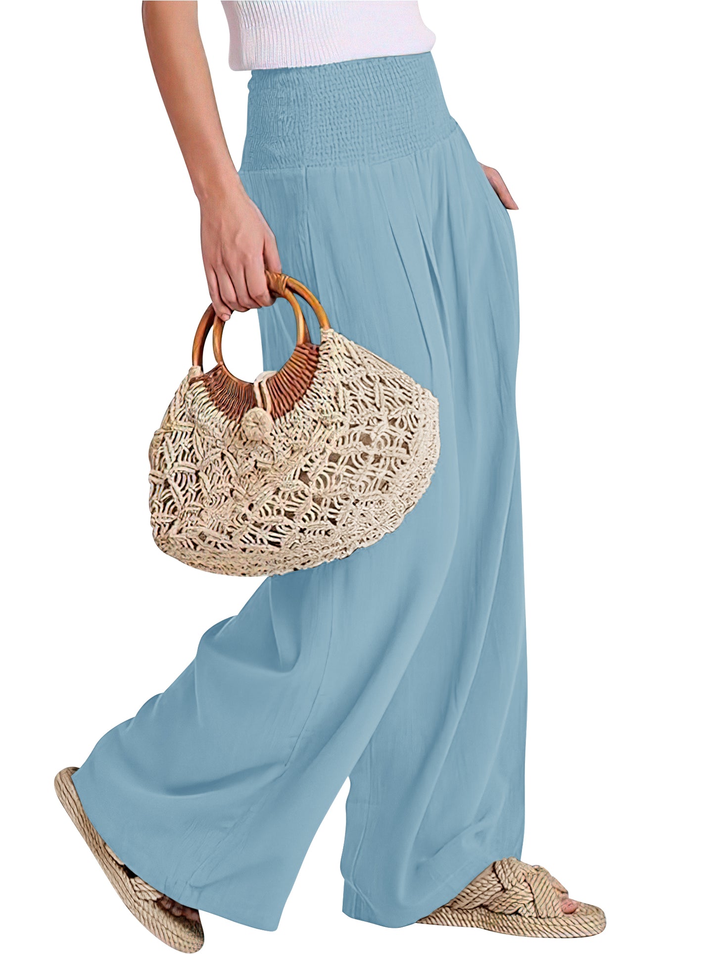 VDJ Womens Pants Summer Boho Elastic Wide Waistband Fashion Wide leg Beach Pants Sky Blue Ladies Trouser