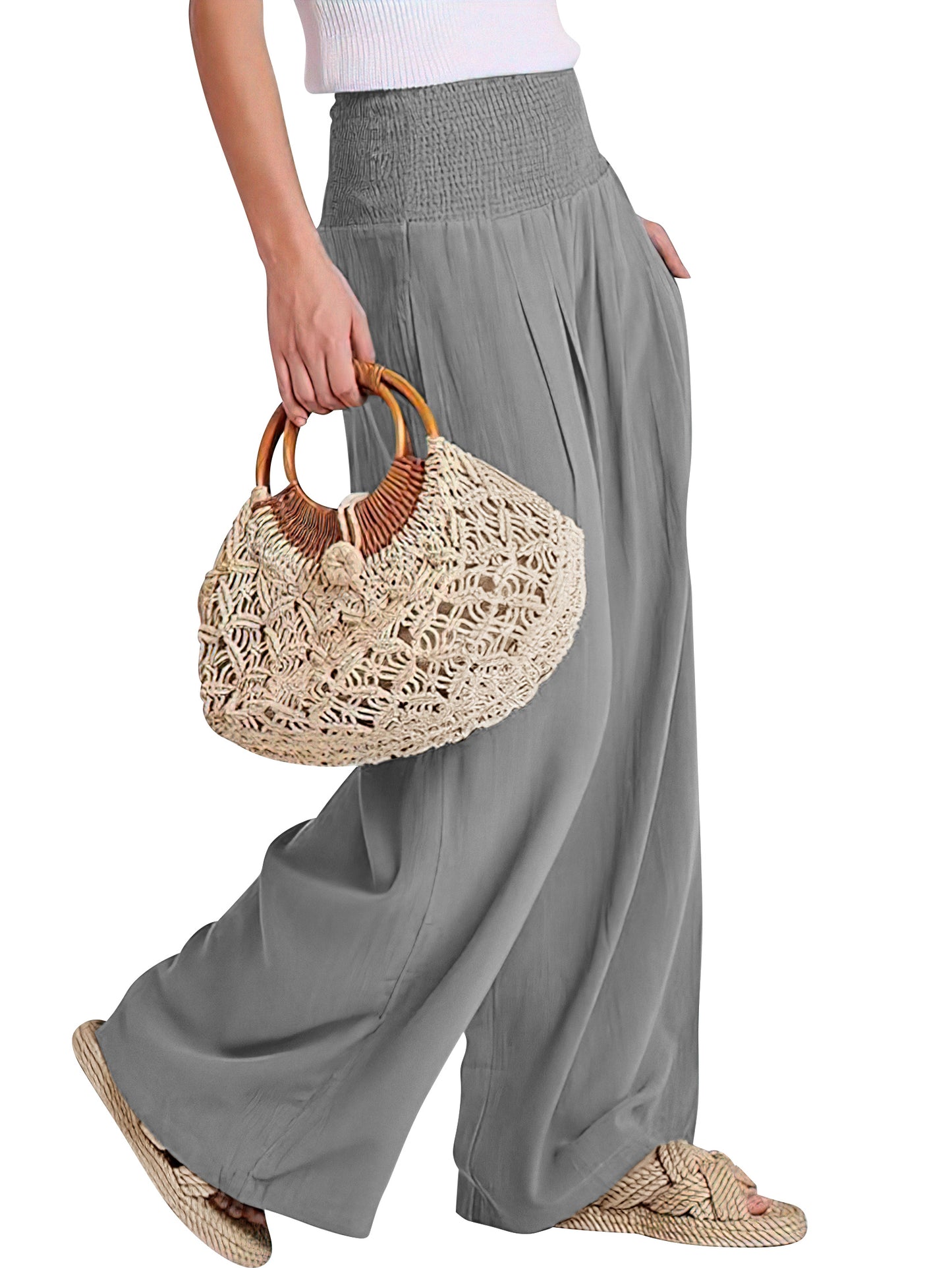 VDJ Womens Pants Elastic High Waisted Palazzo Casual Wide Leg Pockets Lounge Pant Light Gray Vacation Outfit