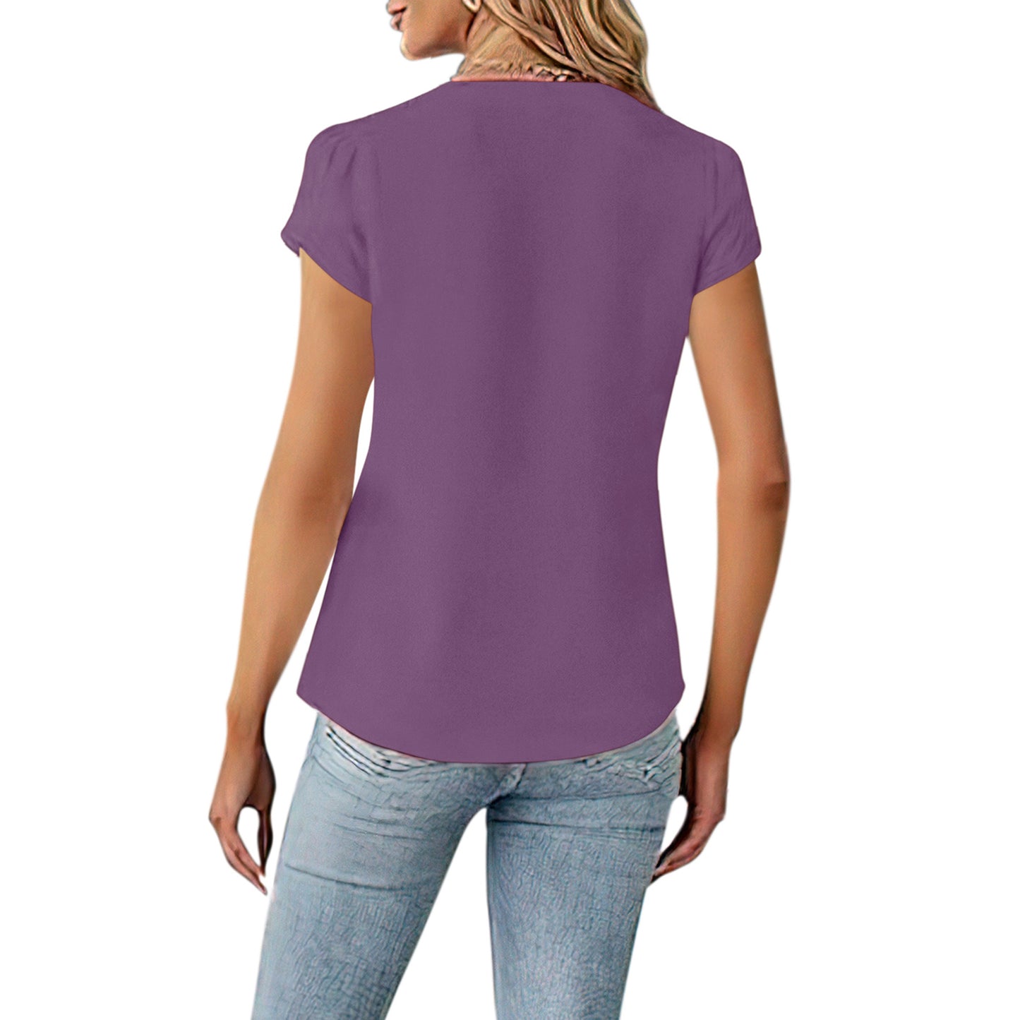 VDJ Women Summer Blouse Short Sleeve Button V Neck Business Casual Top Fashion Lightweight Purple Shirts Clothes