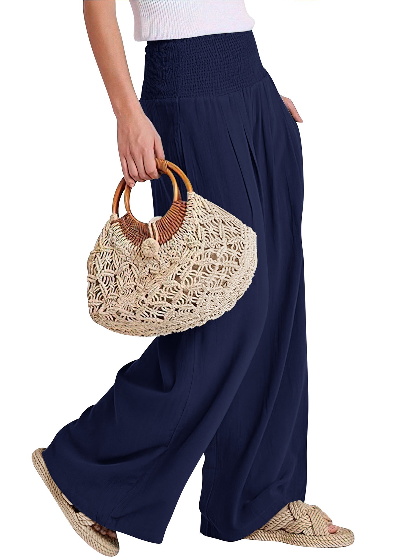 VDJ Palazzo Pants for Women Dressy High Waisted Wide Leg Lounge Pants Casual Navy Blue Pants with Pockets