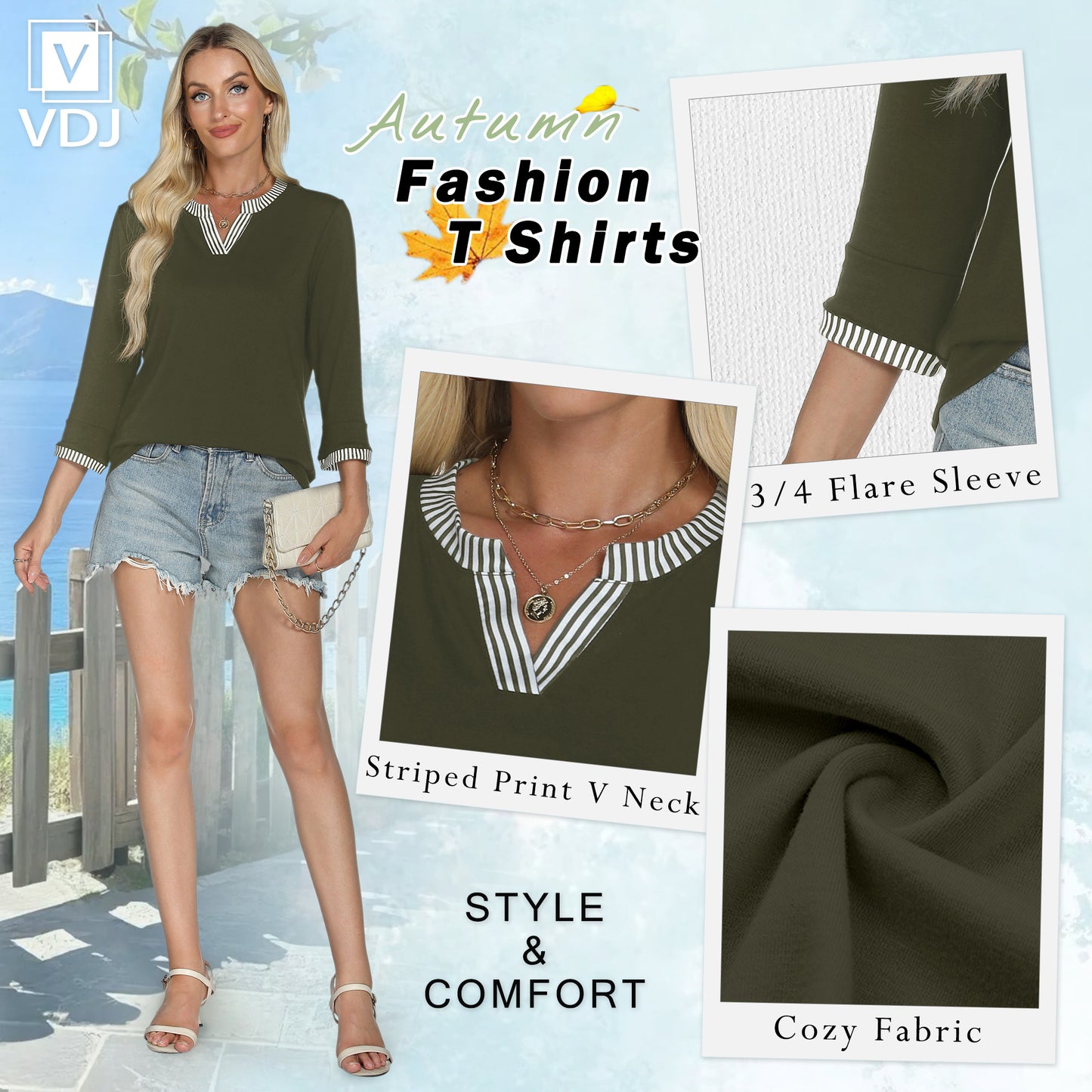 VDJ Womens Tops Henley V Neck 3/4 Sleeve T Shirts Casual Dressy Fall Blouses Color Block Army Green Business Tee Clothes