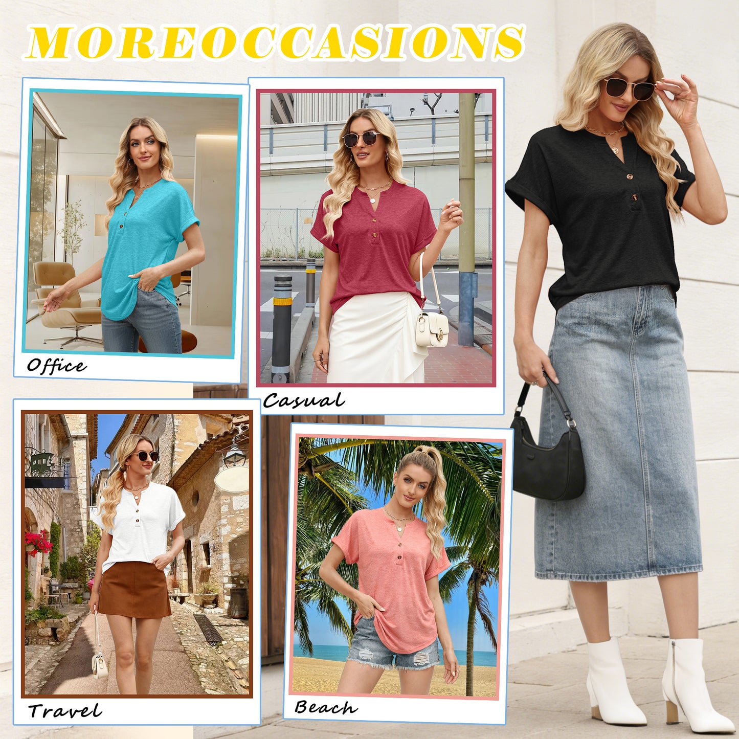 VDJ Womens Tops Fashion Short Sleeve Summer Button V Neck Shirts Loose Cute Coral Tunic Blouses for Ladies