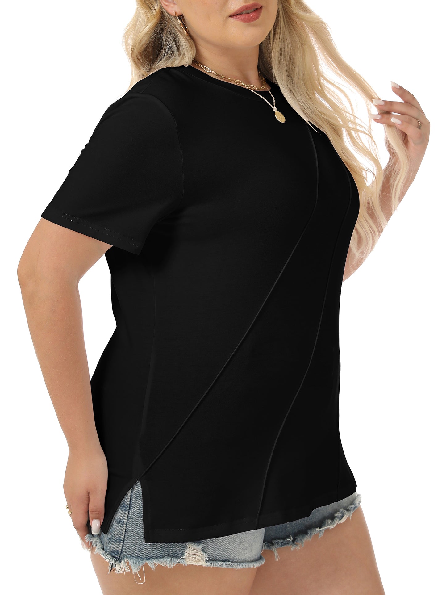 VDJ Women Plus Size Tops Casual Loose Pleated Solid Blouses Oversized Short Sleeve Round Neck Basic Black Tee