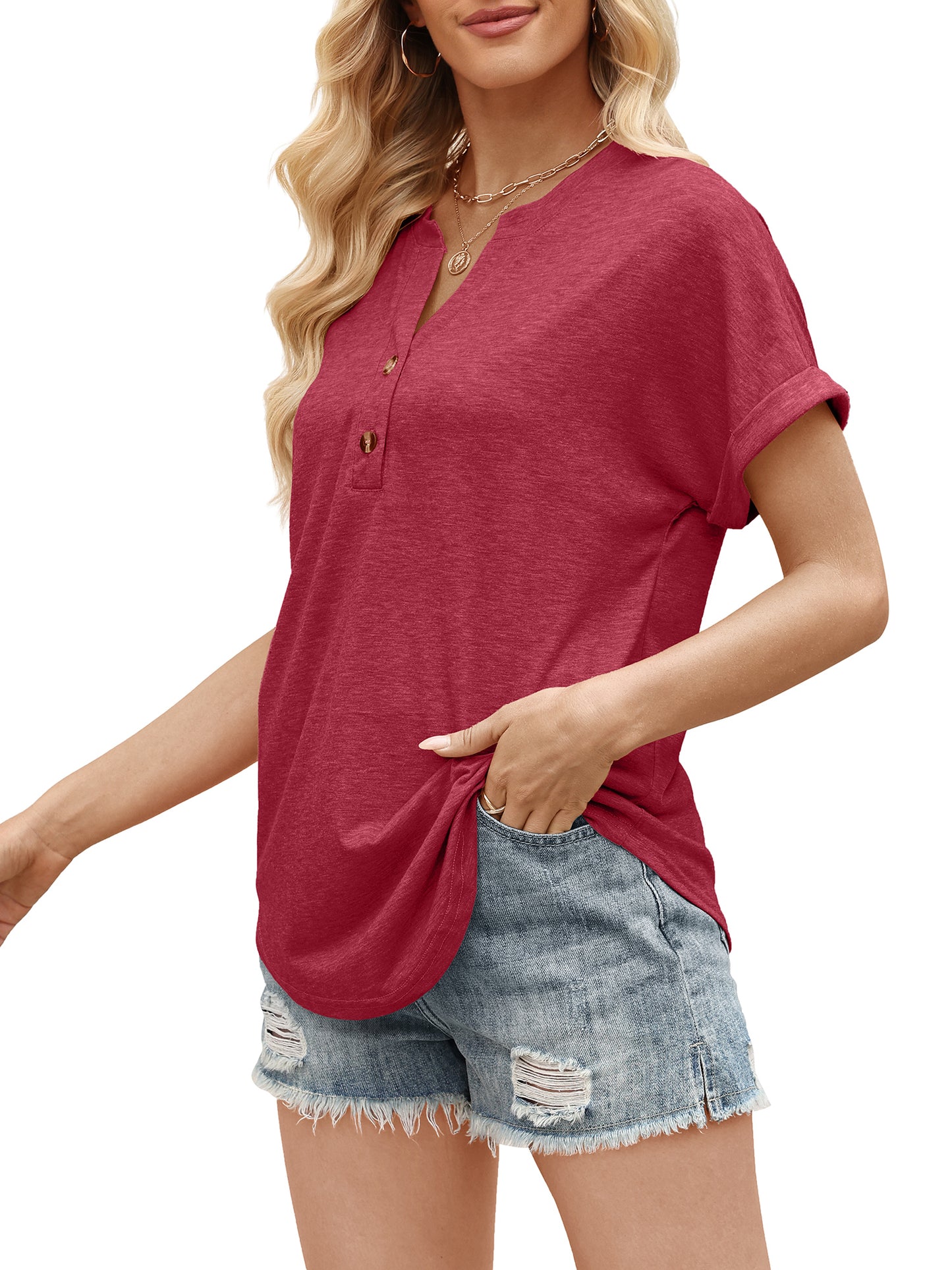 VDJ Womens T Shirt Short Sleeve Henley Collar Casual Dressy Shirts Button Up Plain Color Burgundy Chic Blouse