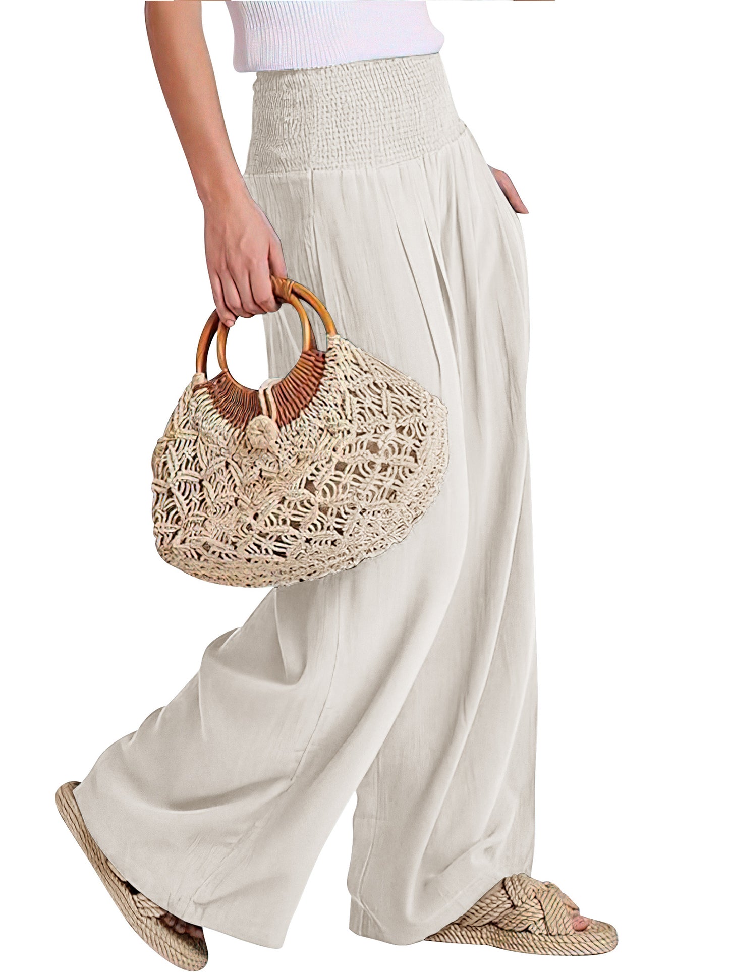 VDJ Women's Casual Wide Leg Pants Business Work Dress Pants Flowy Baggy Harme Pants Boho Beige Palazzo Trousers