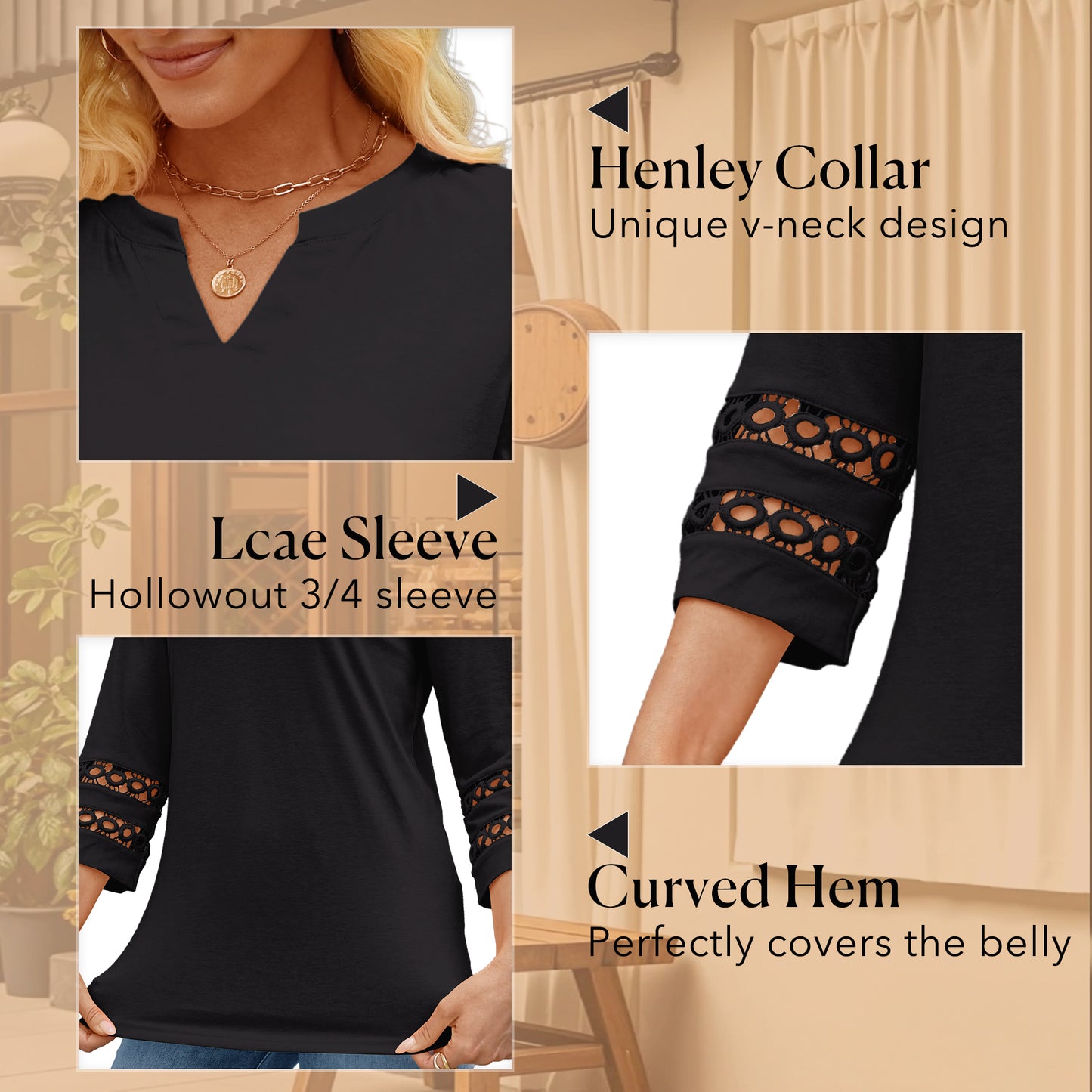 VDJ 3/4 Sleeve Women Tops Henley V Neck Summer Trendy Blouses Dressy Casual Coral Tshirts Tunic Clothing
