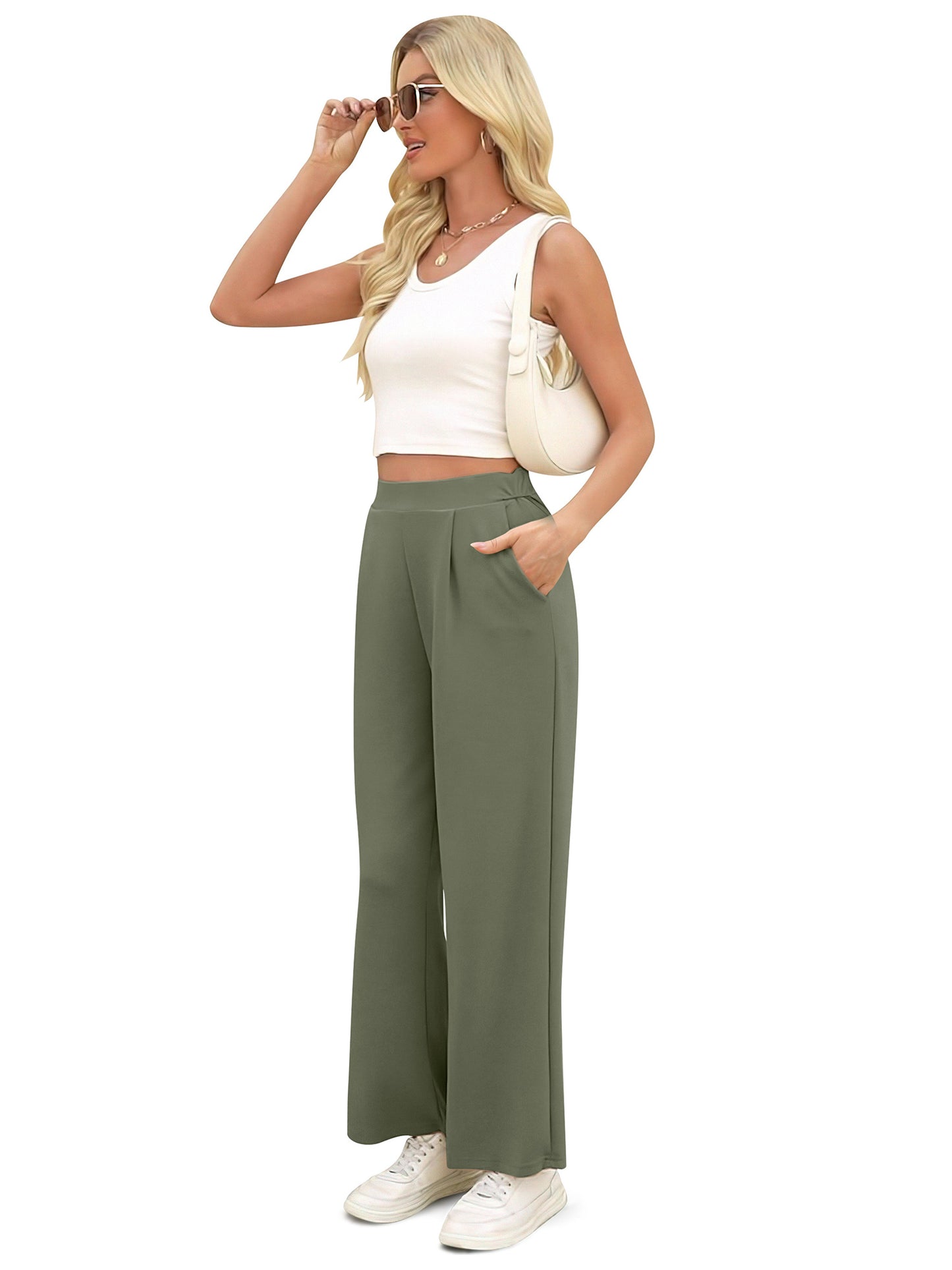 Women Casual Pants High Waisted Stretch Casual Sweatpants Wide Leg Workout Lounge Trousers with Pockets