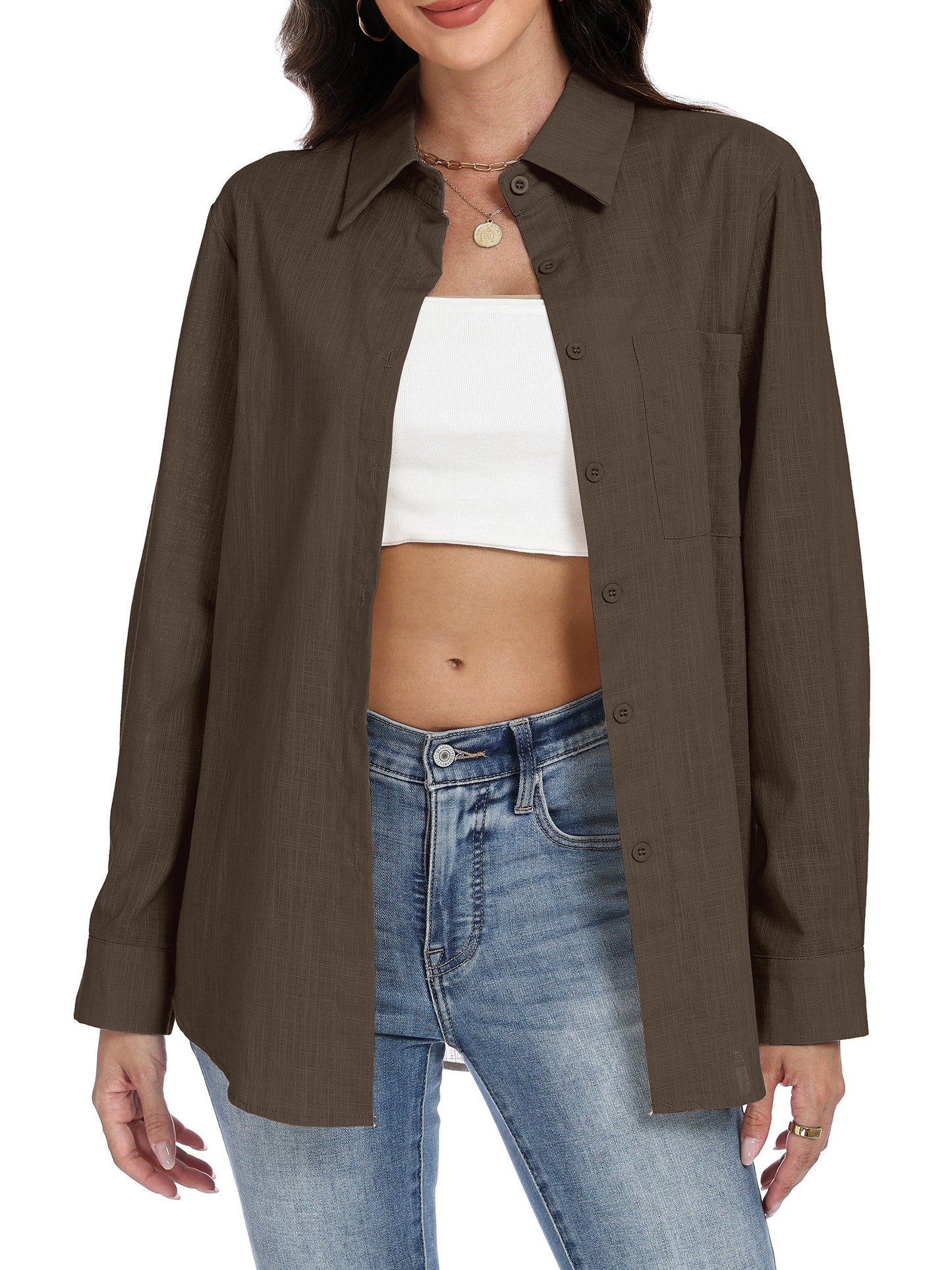 VDJ Button Down Shirts for Women Dressy Casual Solid Color Long Sleeve Collared Blouse Office Work Tops with Pockets