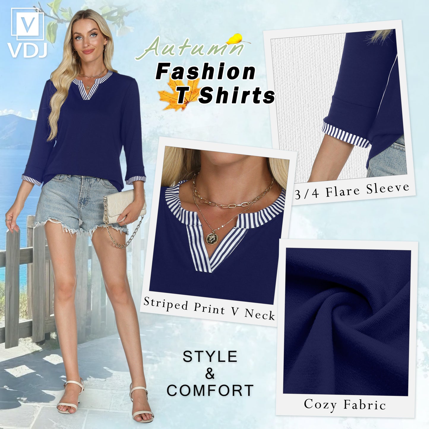 VDJ Women's Fall Tops Casual Loose 3/4 Sleeve V Neck Tshirt Shirts Comfort Lightweight Navy Blue Blouse Chic Tee for Women