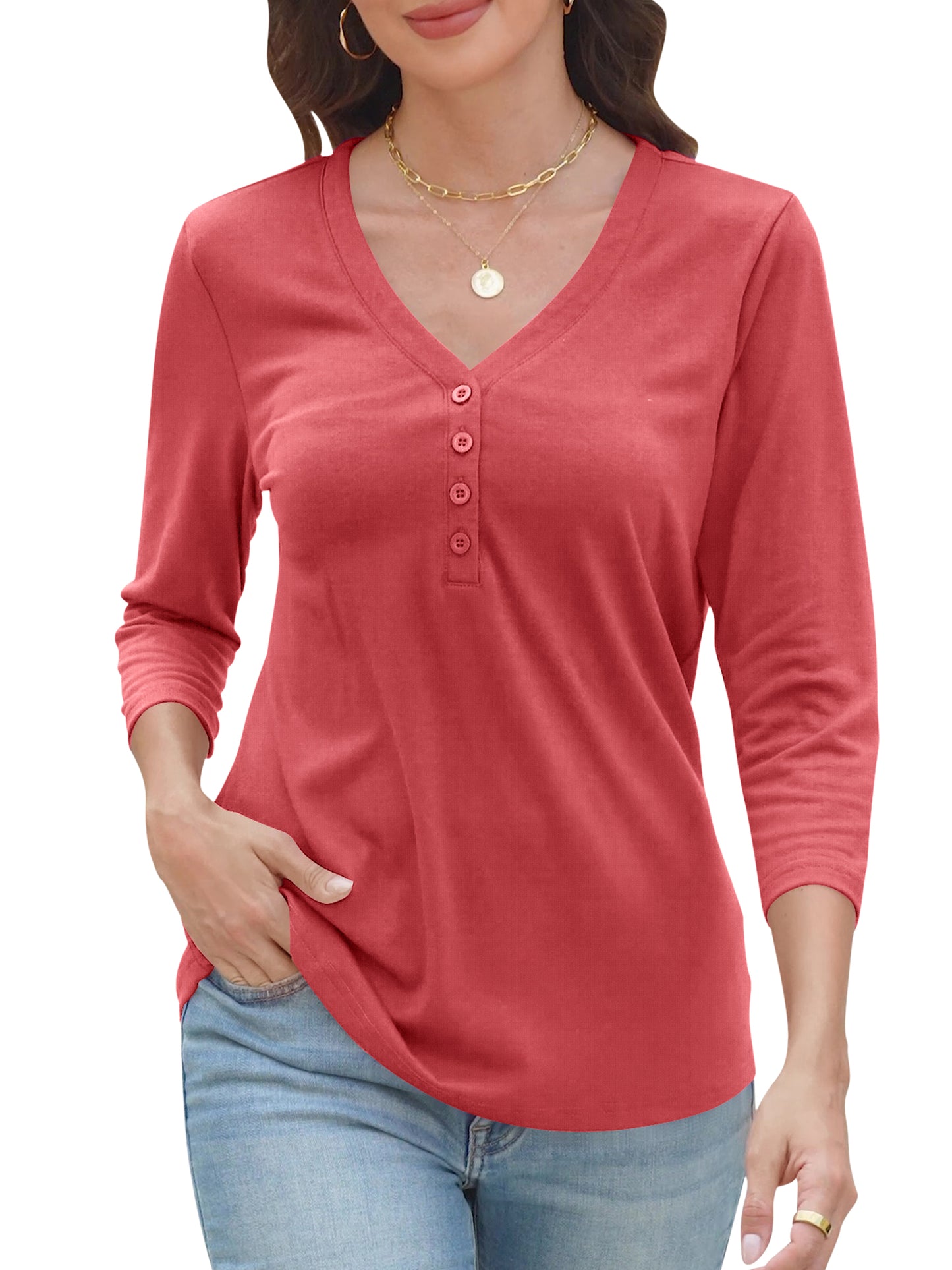 VDJ Summer Tops for Women 3/4 Sleeve Button Up Plain Tee Comfortable Casual Lounge Shirts Light Green Chic Blouses