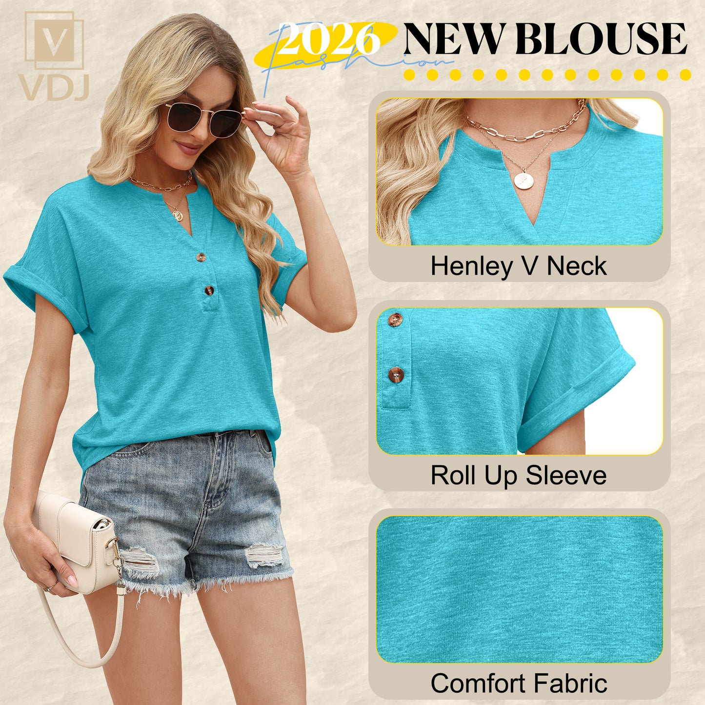 VDJ Womens Blouses Casual Loose Henley V Neck Tee Comfort Lightweight Solid Tee Shirts Summer Mint Blouse
