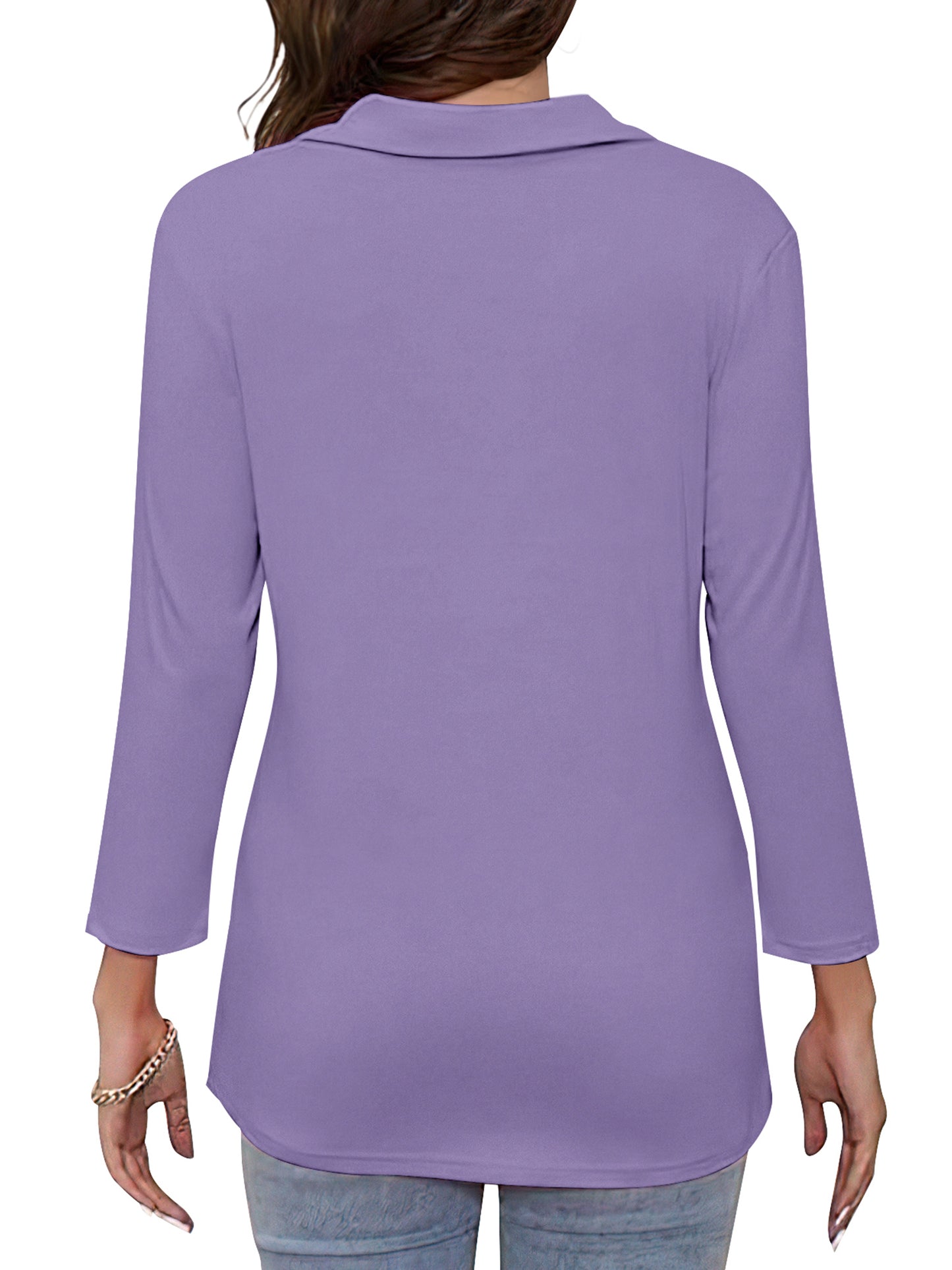 VDJ Women's V Neck 3/4 Sleeve T Shirt Solid Color Casual Basic Tops Purple Half Zipped Autumn Tees