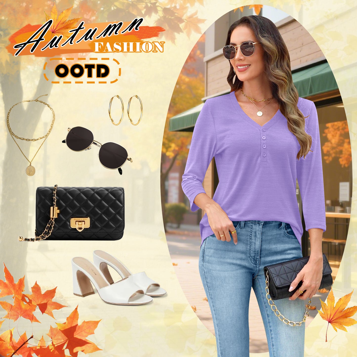 VDJ Womens Blouses Summer 3/4 Sleeve Basic T Shirts Button Up V Neck Comfort Soft Shirts Purple Tunic Tops