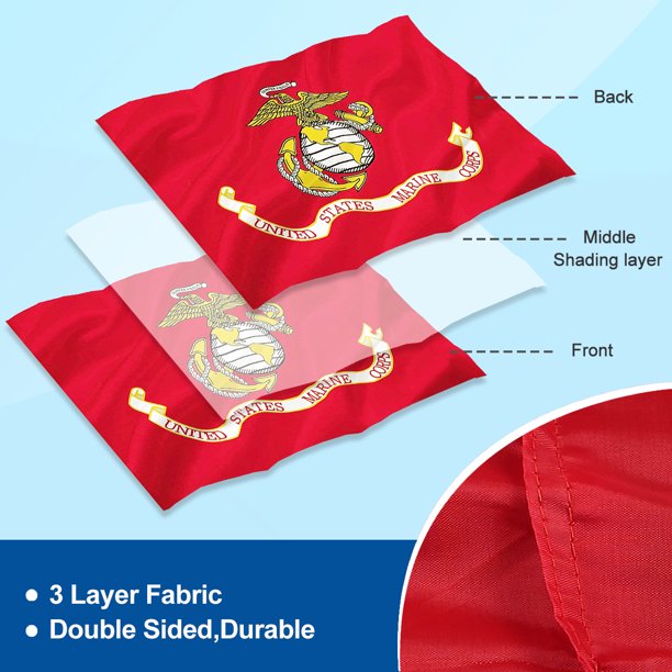 US Marine Corps USMC Flag 3x5 FT Outdoor Double Sided, 3 Ply Heavy Duty Army Flag for Outside with 2 Brass Grommets