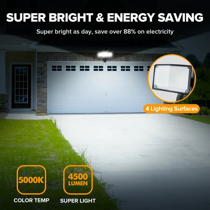 UME 4500LM LED Security Lights Motion Sensor Light Outdoor, 5000K Daylight, IP65 Waterproof, Dusk to Dawn, 3 Head Motion Detected Flood Light for Garage, Yard, Porch (Black)