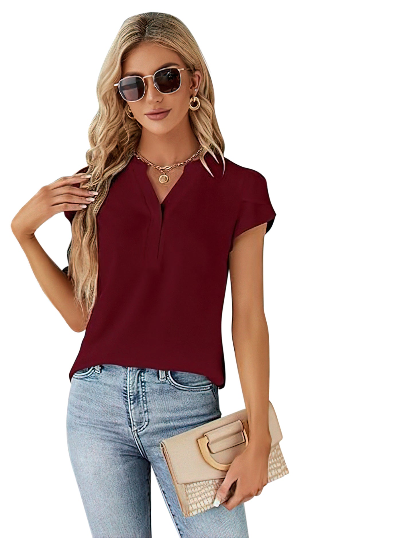 VDJ Womens Tops Casual Fit Dressy Blouse Petal Short Sleeve Button Up V Neck Lightweight Fashion Tee Elegant Wine Red Shirts