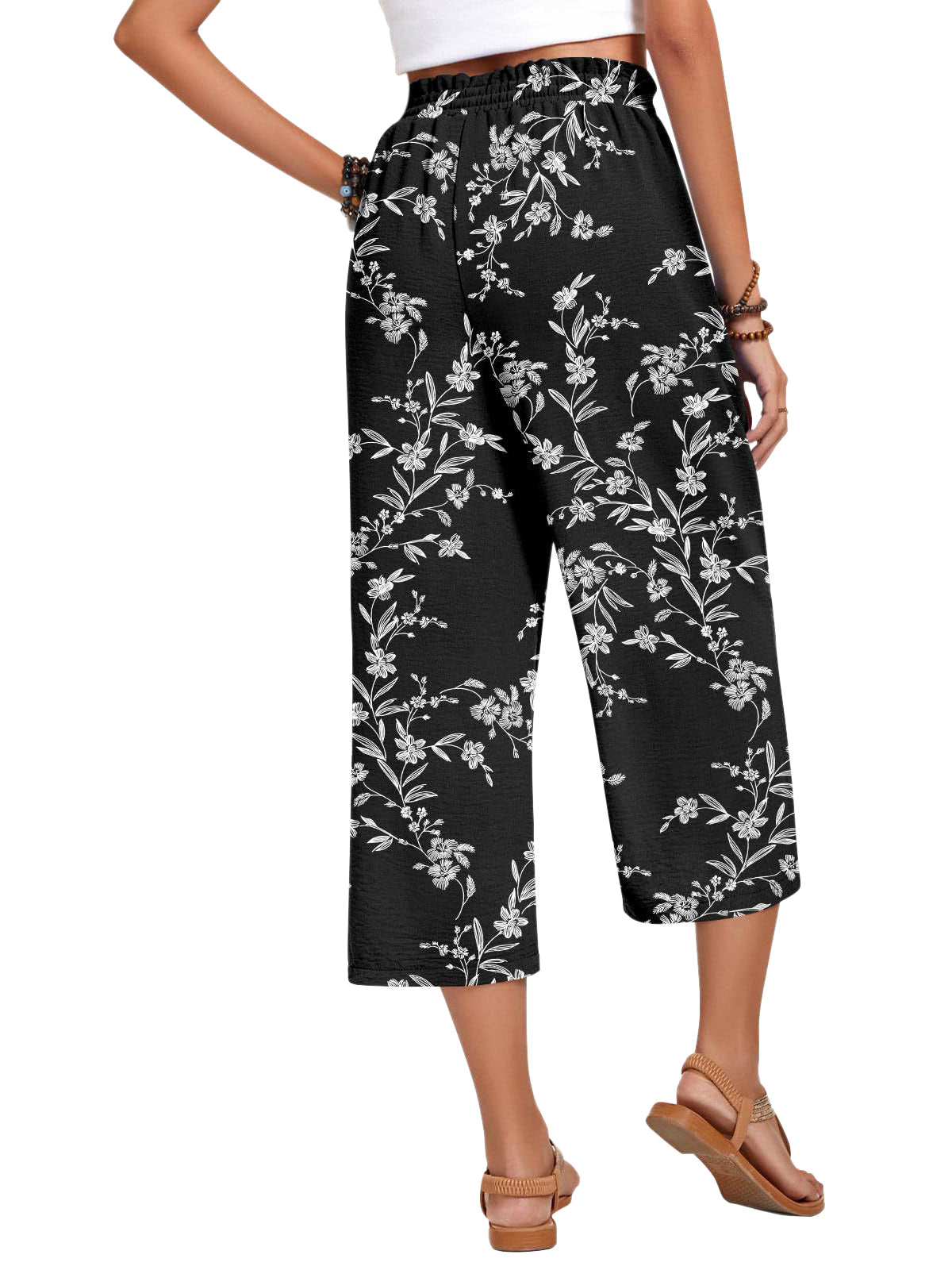 VDJ Womens Capri Pants Elastic Waisted Drawstring Wide Leg Dressy Pants Summer Beach Pockets Cropped Trousers