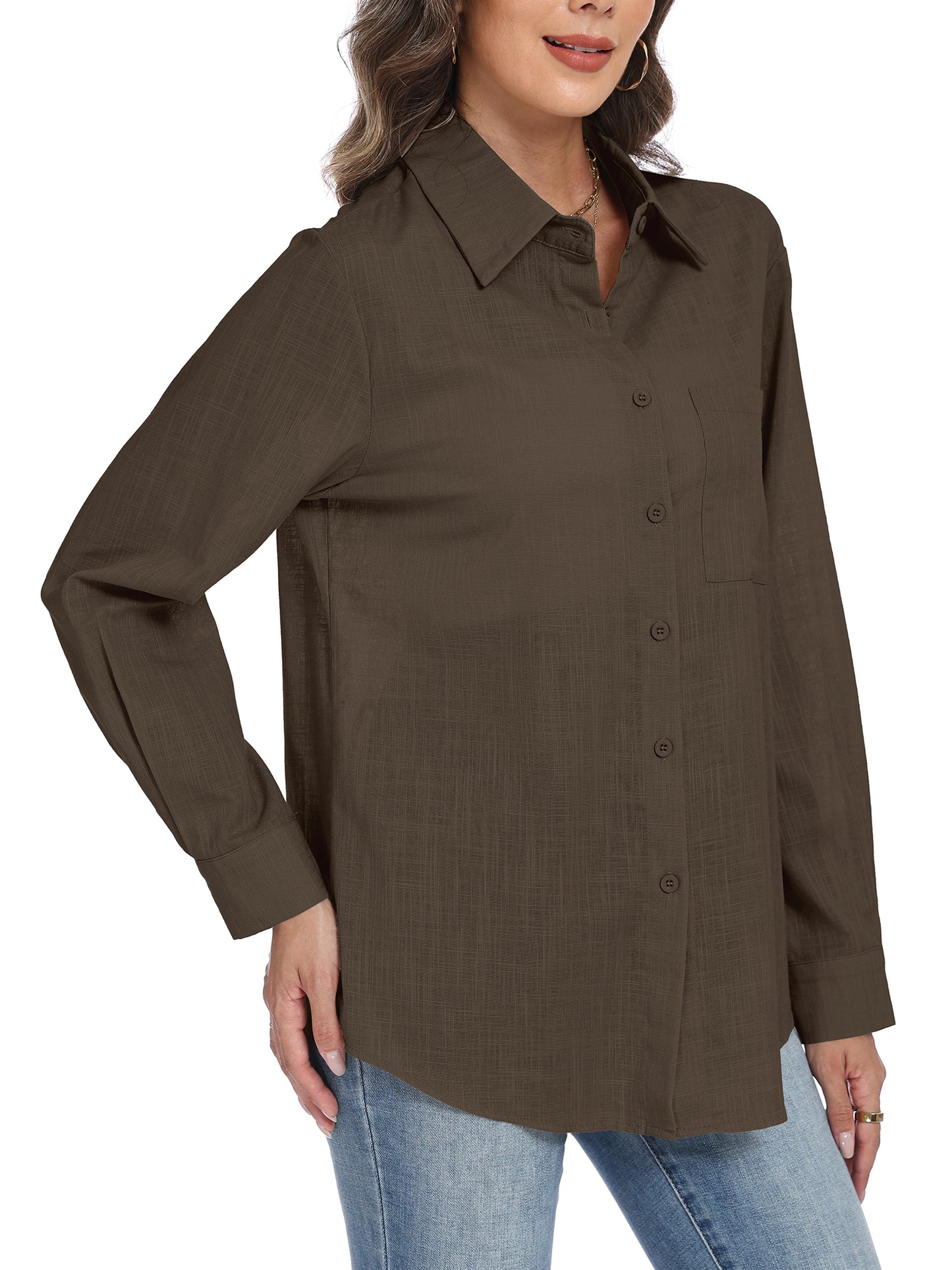 VDJ Button Down Shirts for Women Dressy Casual Solid Color Long Sleeve Collared Blouse Office Work Tops with Pockets