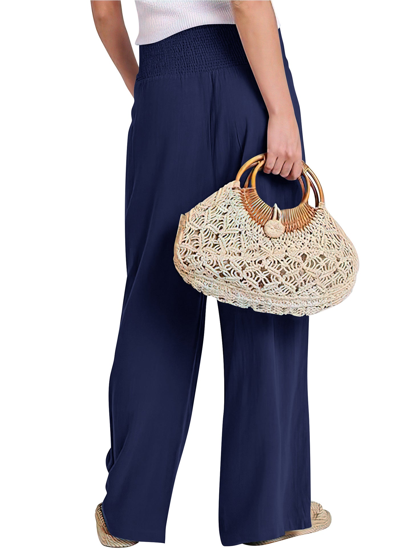 VDJ Palazzo Pants for Women Dressy High Waisted Wide Leg Lounge Pants Casual Navy Blue Pants with Pockets