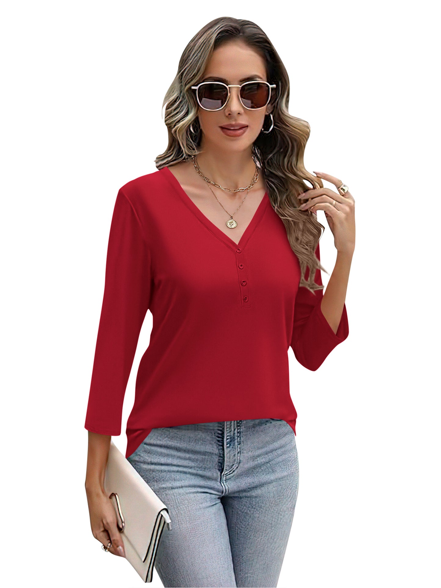 VDJ Women Blouses 3/4 Sleeve Sleeve Button V Neck Tshirts Cozy Soft Lounge Red Tee Tops Clothing