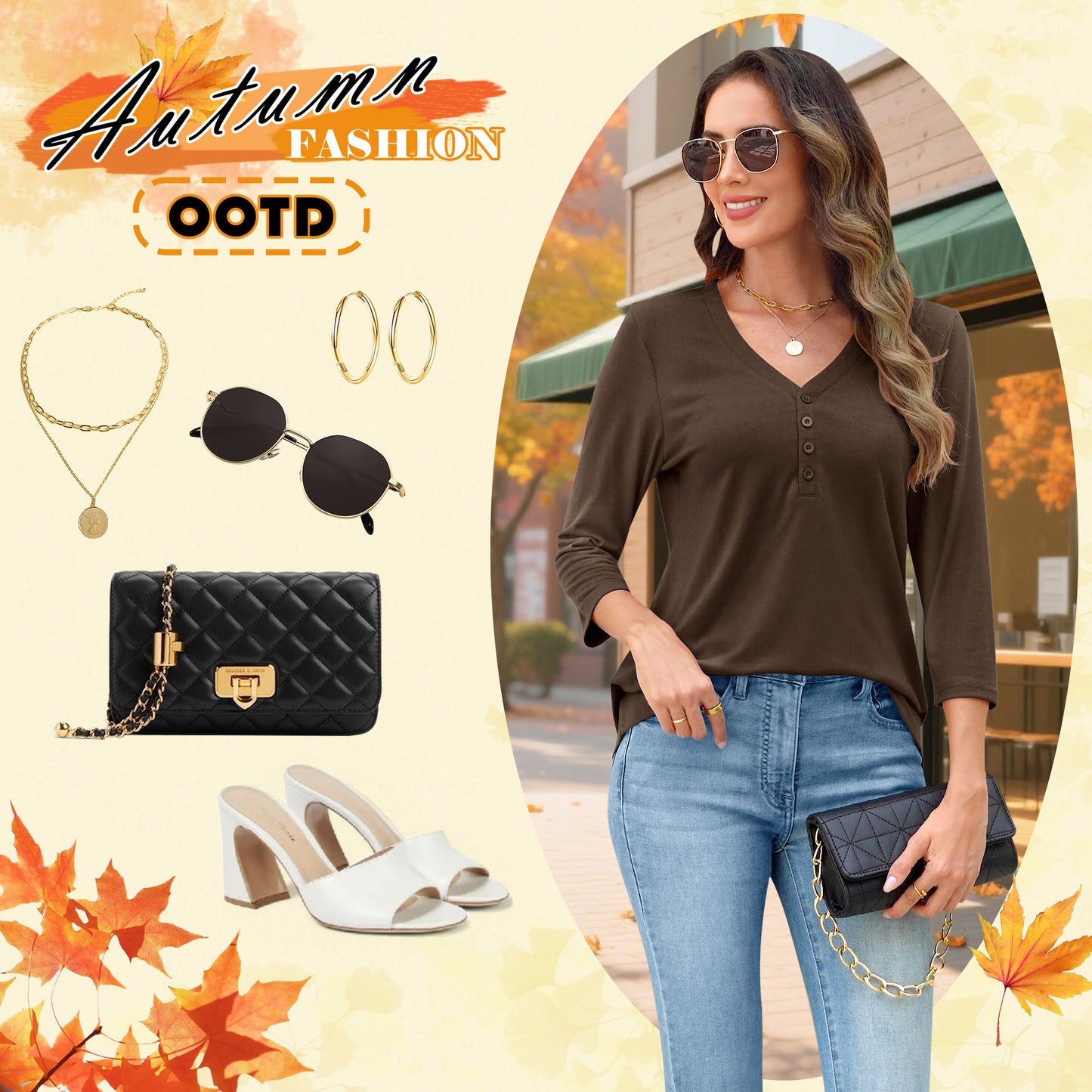 VDJ Women's 2025 Fashion Tops 3/4 Sleeve T-Shirts Cute V Neck Basic Business Tees Coffee Blouses