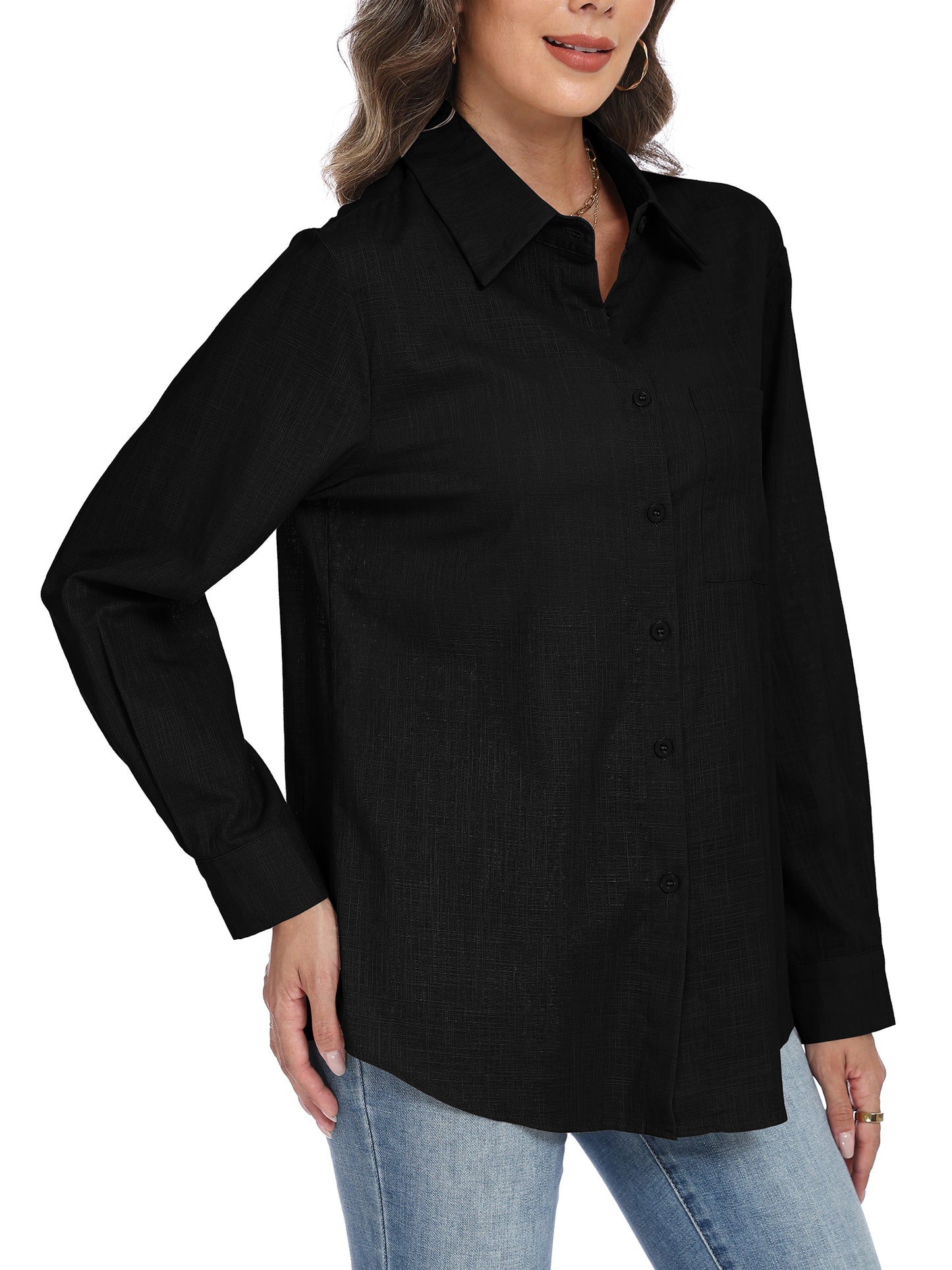 VDJ Button Down Shirts for Women Dressy Casual Solid Color Long Sleeve Collared Blouse Office Work Tops with Pockets