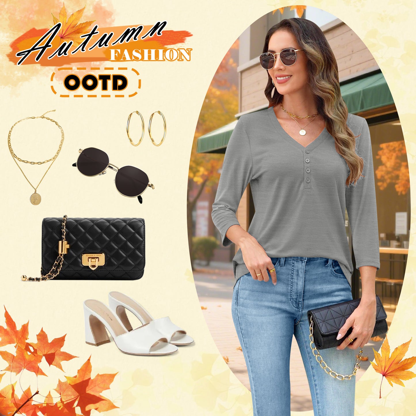 VDJ T Shirts for Women 3/4 Sleeve Summer Fall Basic Tee Solid Color Comfort Cool Light Grey Tunic Tops