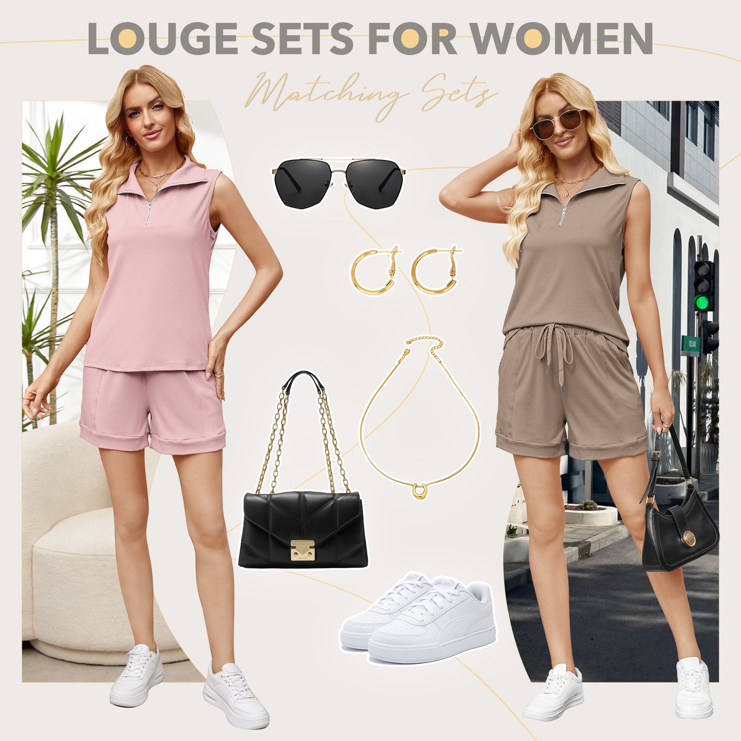 VDJ Women 2 Piece Short Sets Zip Up Collared Tank Tops Drawstring Shorts Sleeveless Outfits with Pockets Pink Sweatsuits