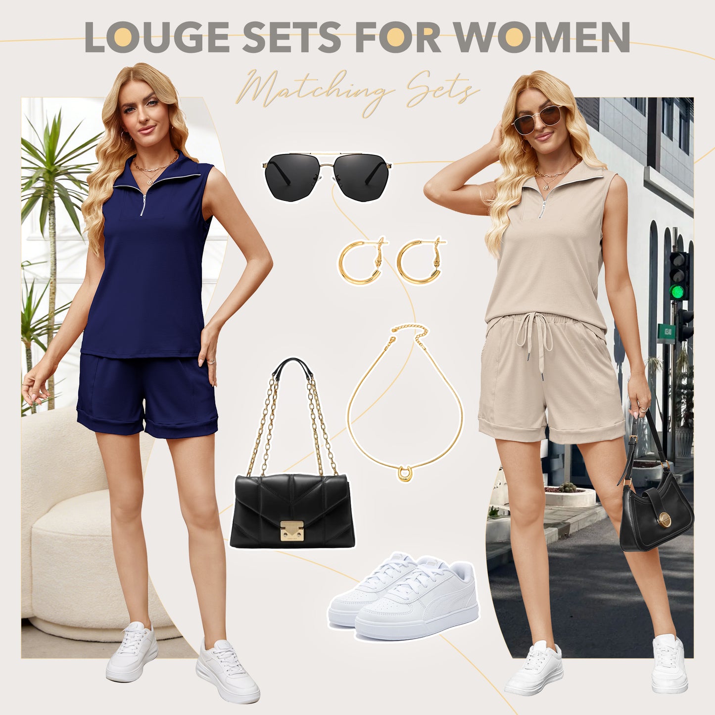 VDJ Women's 2026 Summer Outfits Half Zip Lapel Collar Tank Tops Shorts Set Sweatsuits Drawstring Navy Blue Lightweight Loungewear