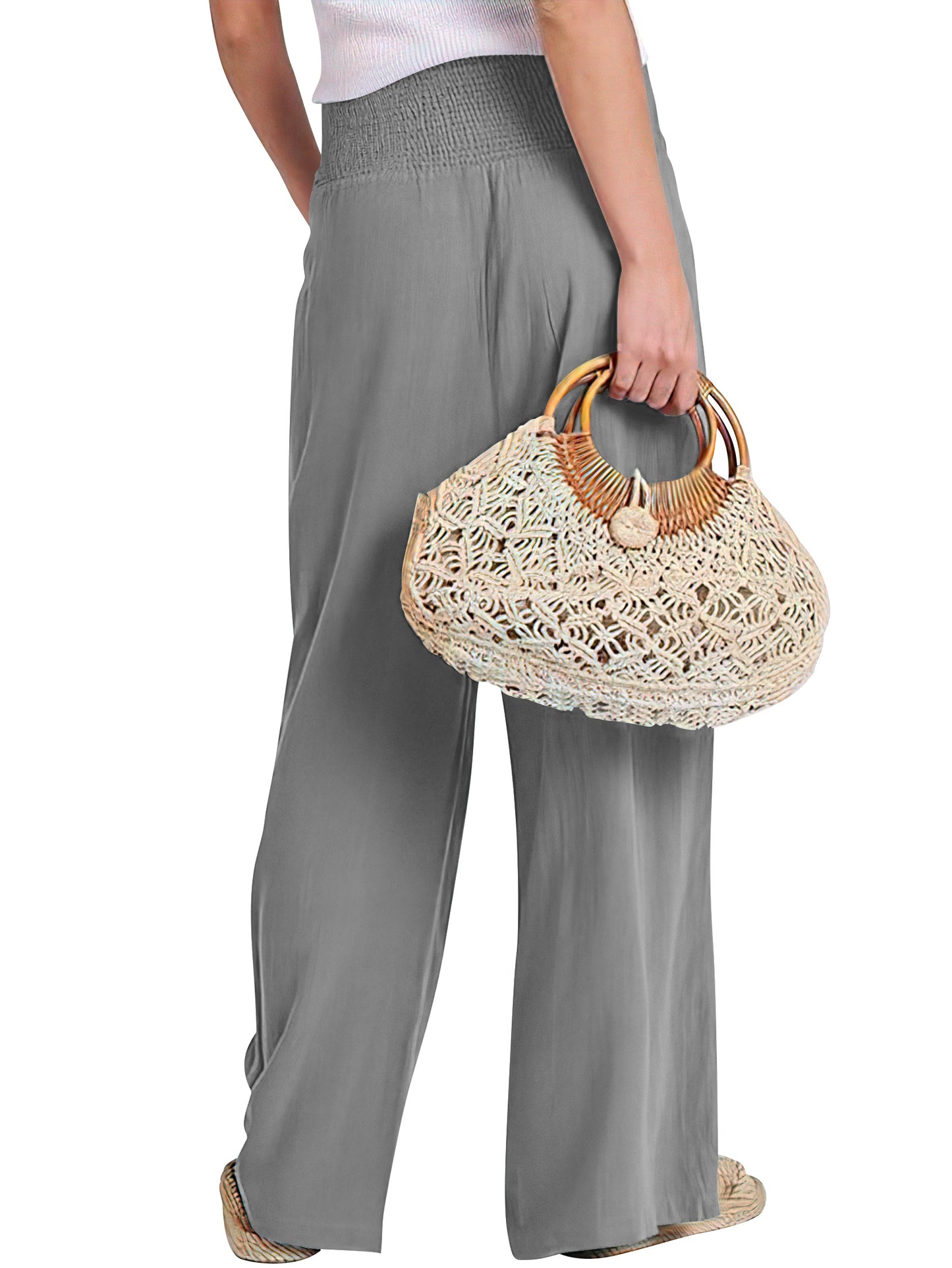 VDJ Womens Pants Elastic High Waisted Palazzo Casual Wide Leg Pockets Lounge Pant Light Gray Vacation Outfit
