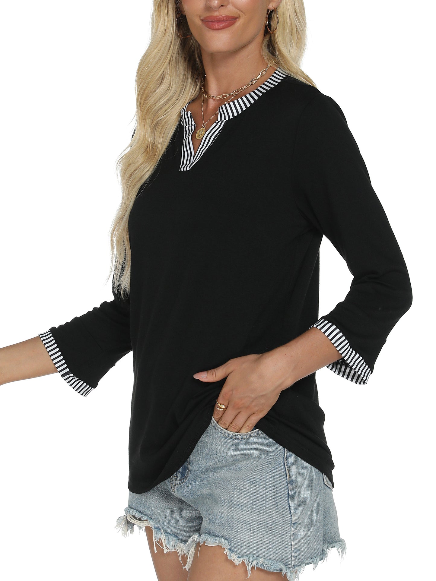 VDJ Womens 3/4 Sleeve Tops Striped Color Block Henley V Neck T Shirts Fashion Fall Tunic Cute Tee Blouse