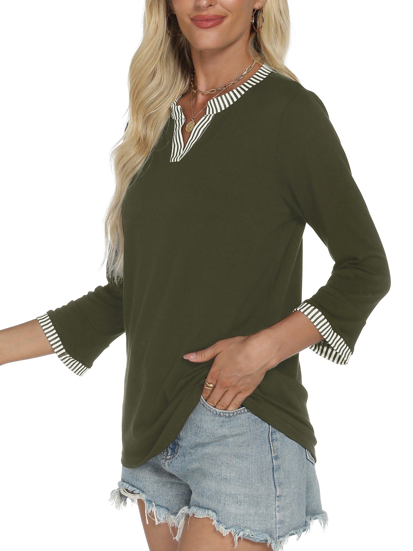 VDJ Womens Tops Henley V Neck 3/4 Sleeve T Shirts Casual Dressy Fall Blouses Color Block Army Green Business Tee Clothes