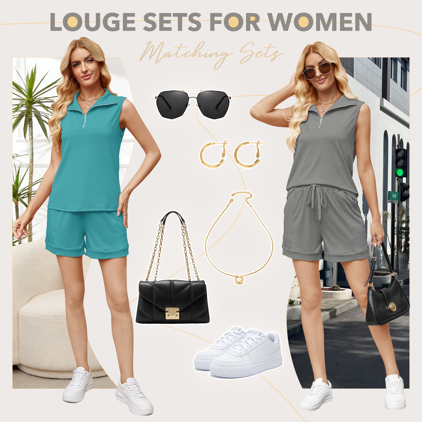 VDJ Two Piece Shorts Sets for Women Spring Summer Sleeveless Zip Tops and Elastic Wasited Shorts Matching Sets Clothing