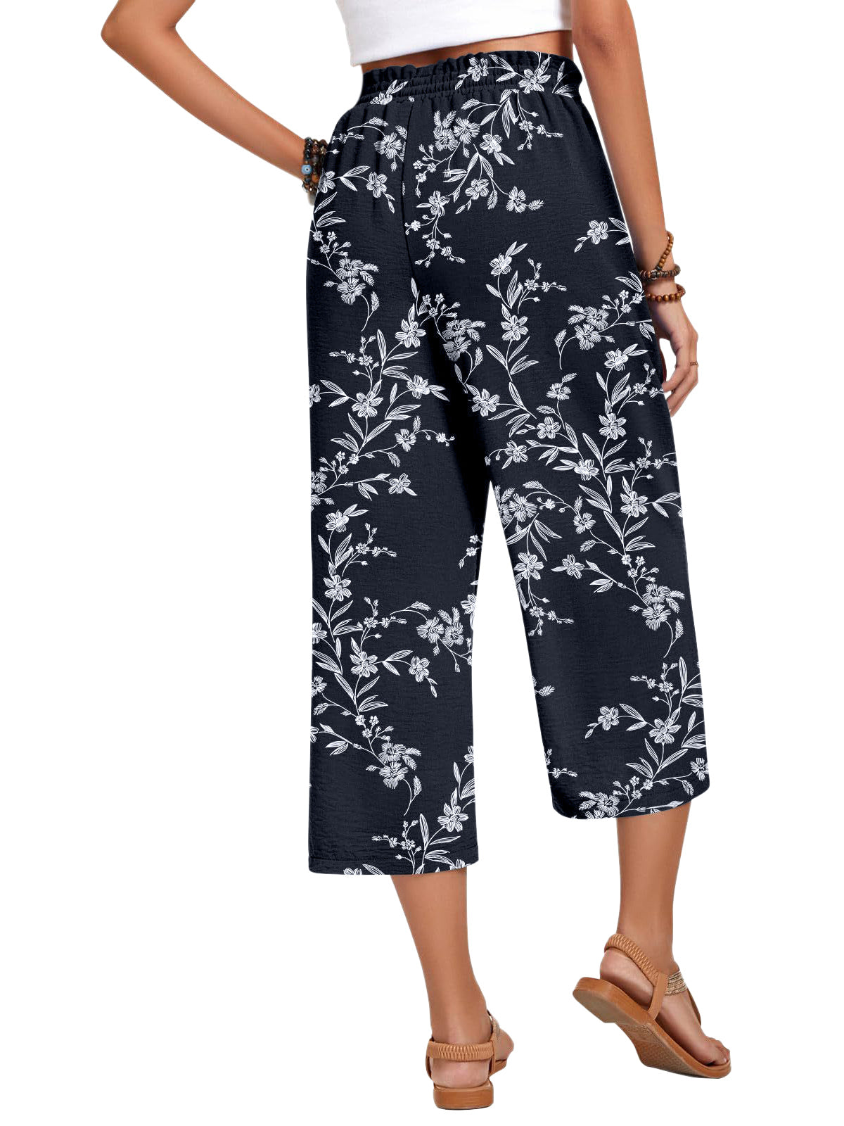 VDJ Fashion Pants for Women High Waist Drawstirng Summer Capri Pants Tie Belt Pockets Summer Vacation Pants